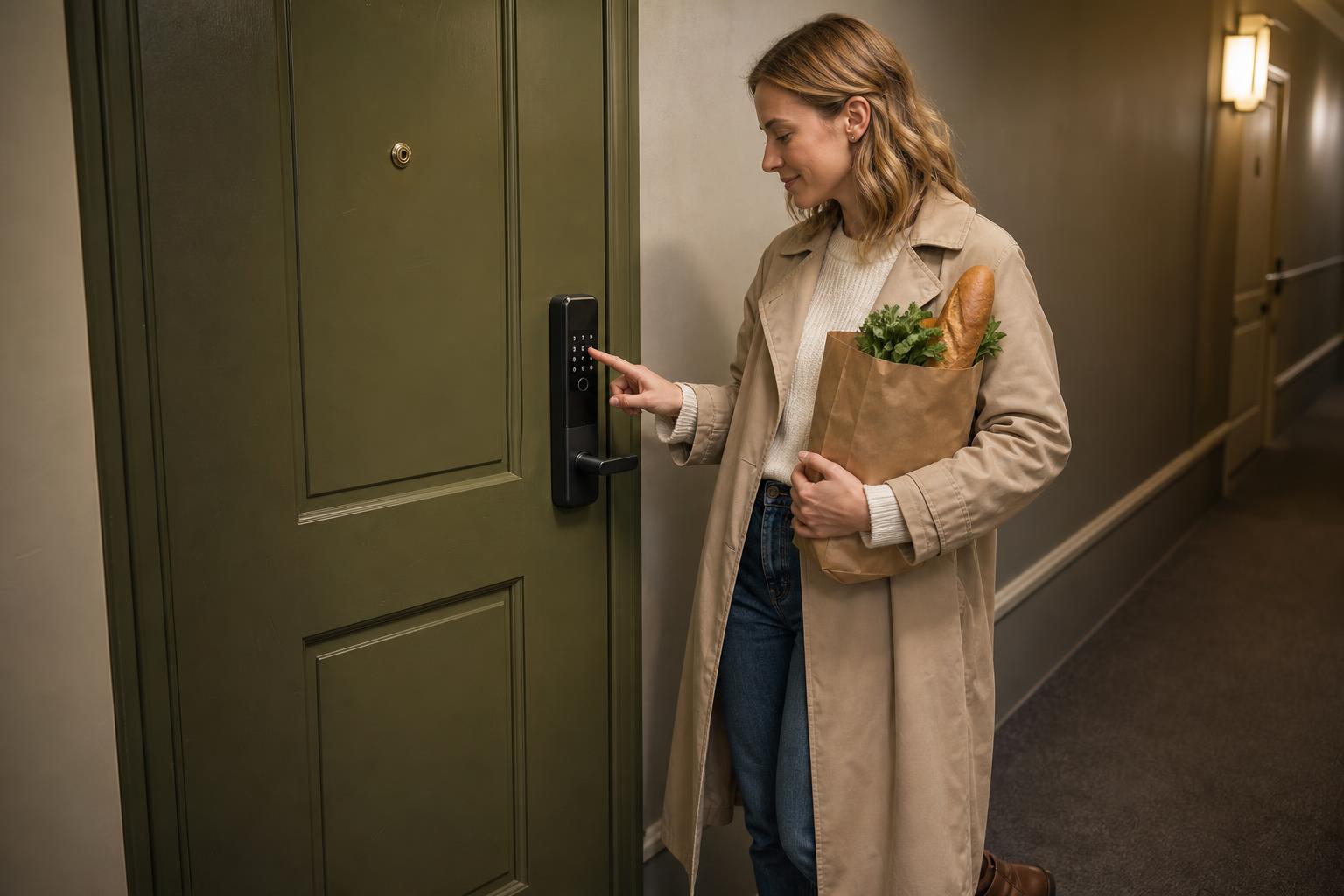 Apartment resident using her own smart lock with her hands full after returning home.