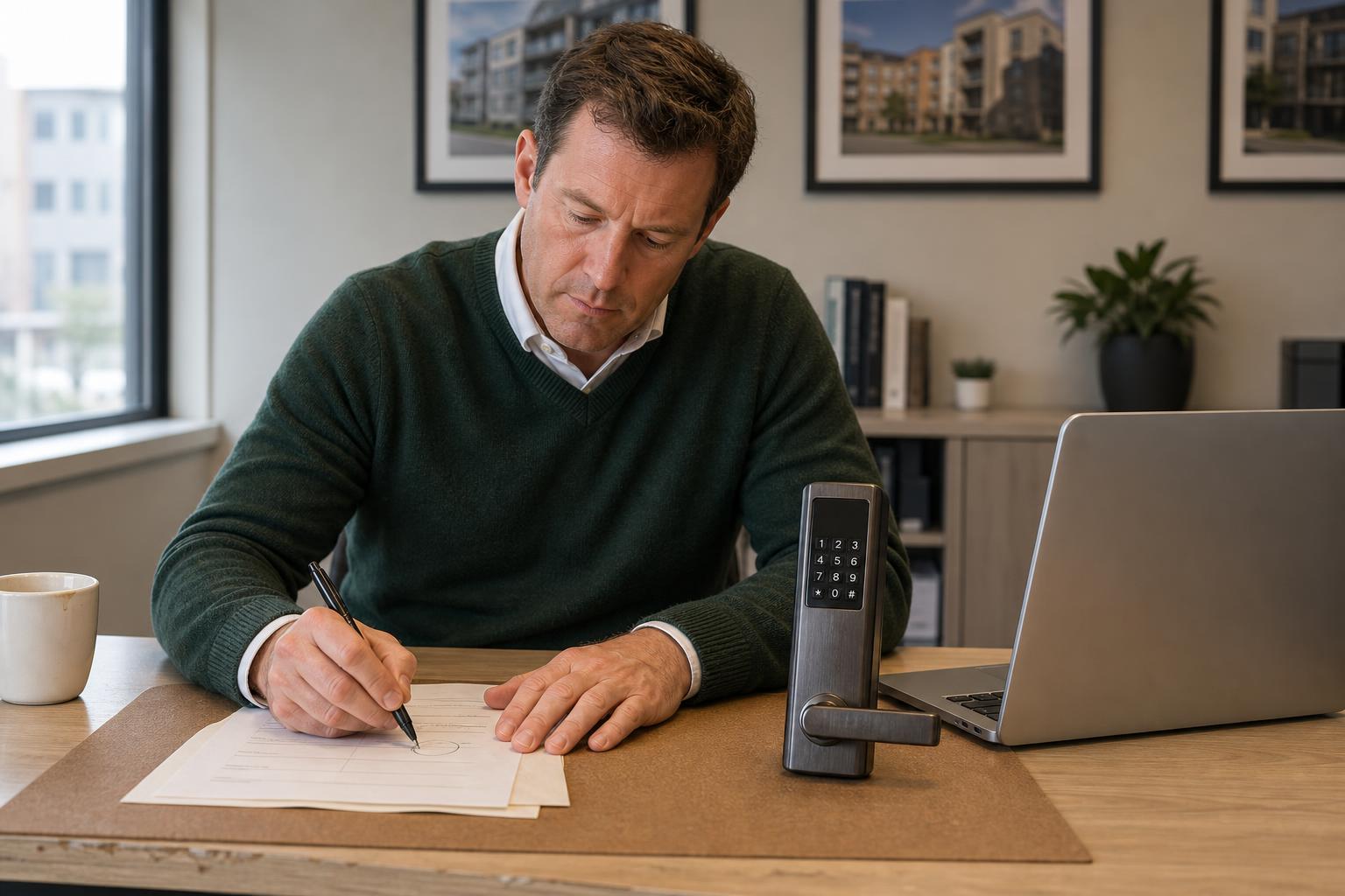 Property manager reviewing recurring smart lock service costs in an apartment leasing office.