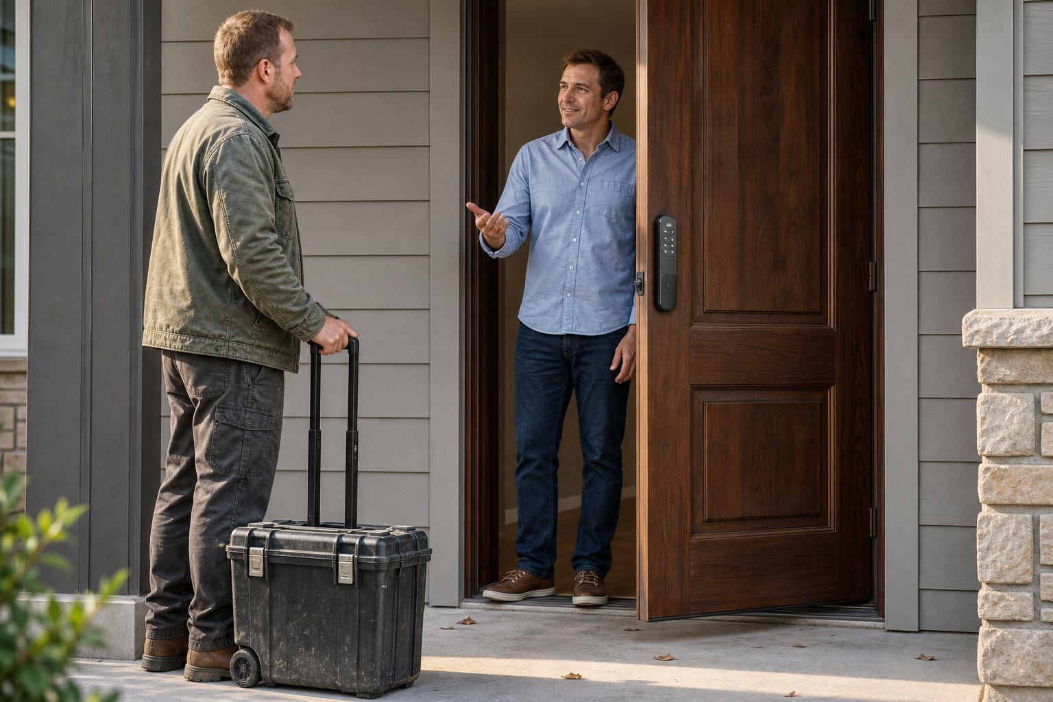 Homeowner giving a contractor one-time smart lock access at a modern entry door.