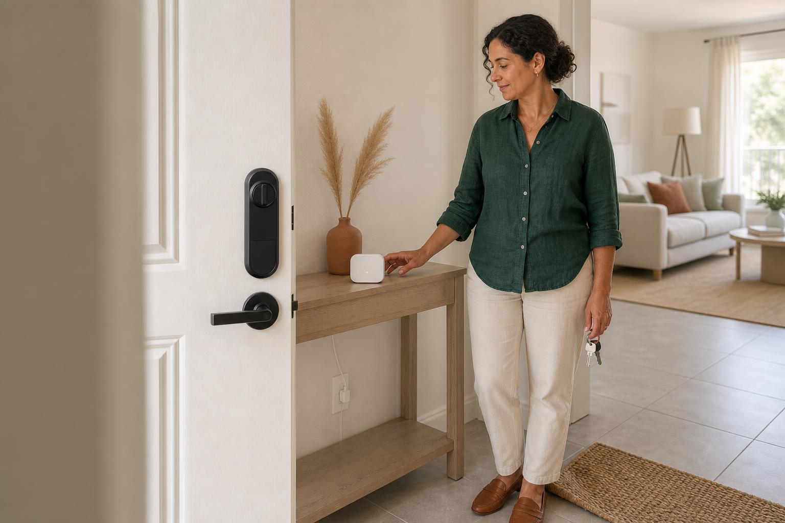 Rental host using a hub-based smart lock system for dependable property access management.