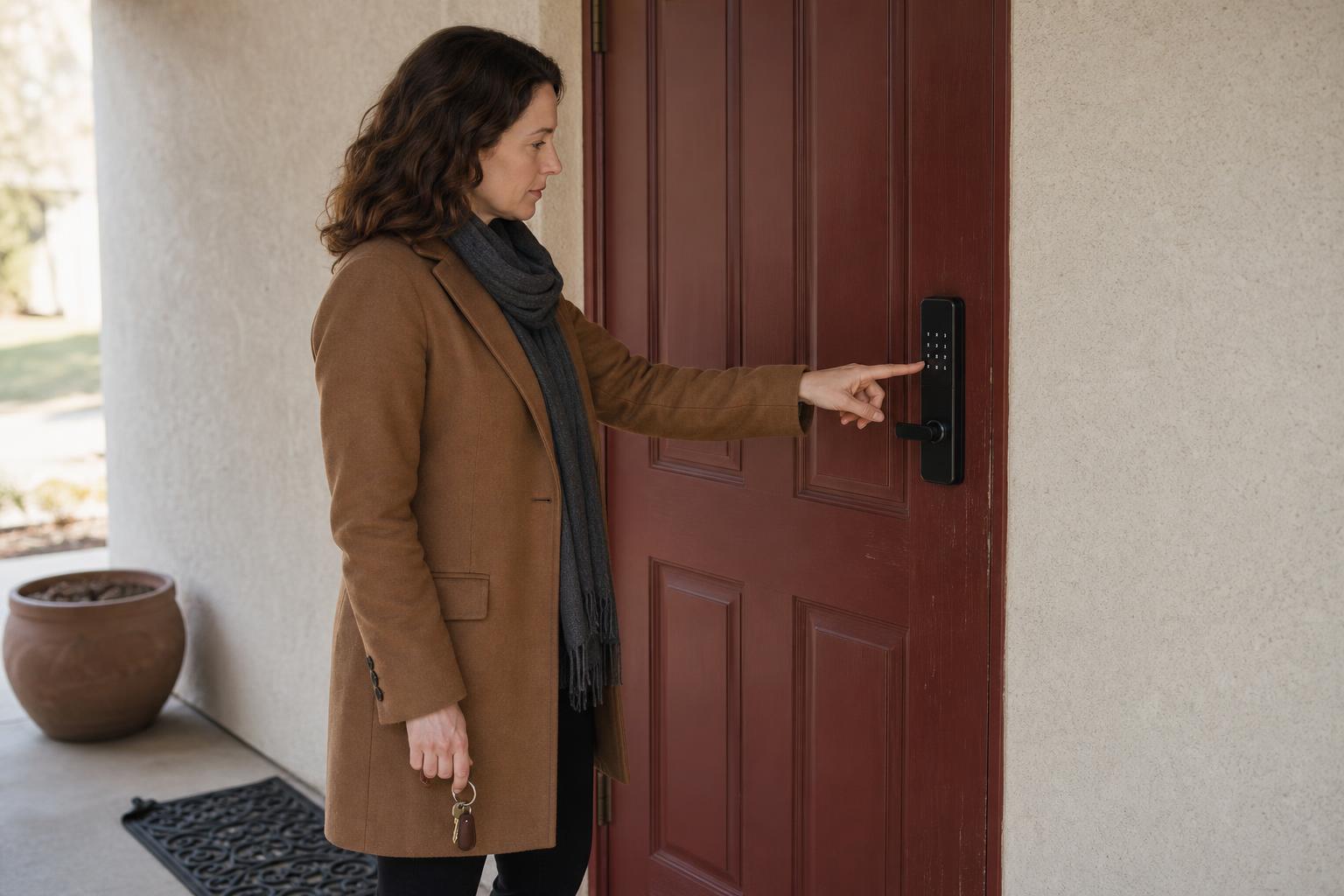 A homeowner uses a smart lock duress code discreetly at her front door.