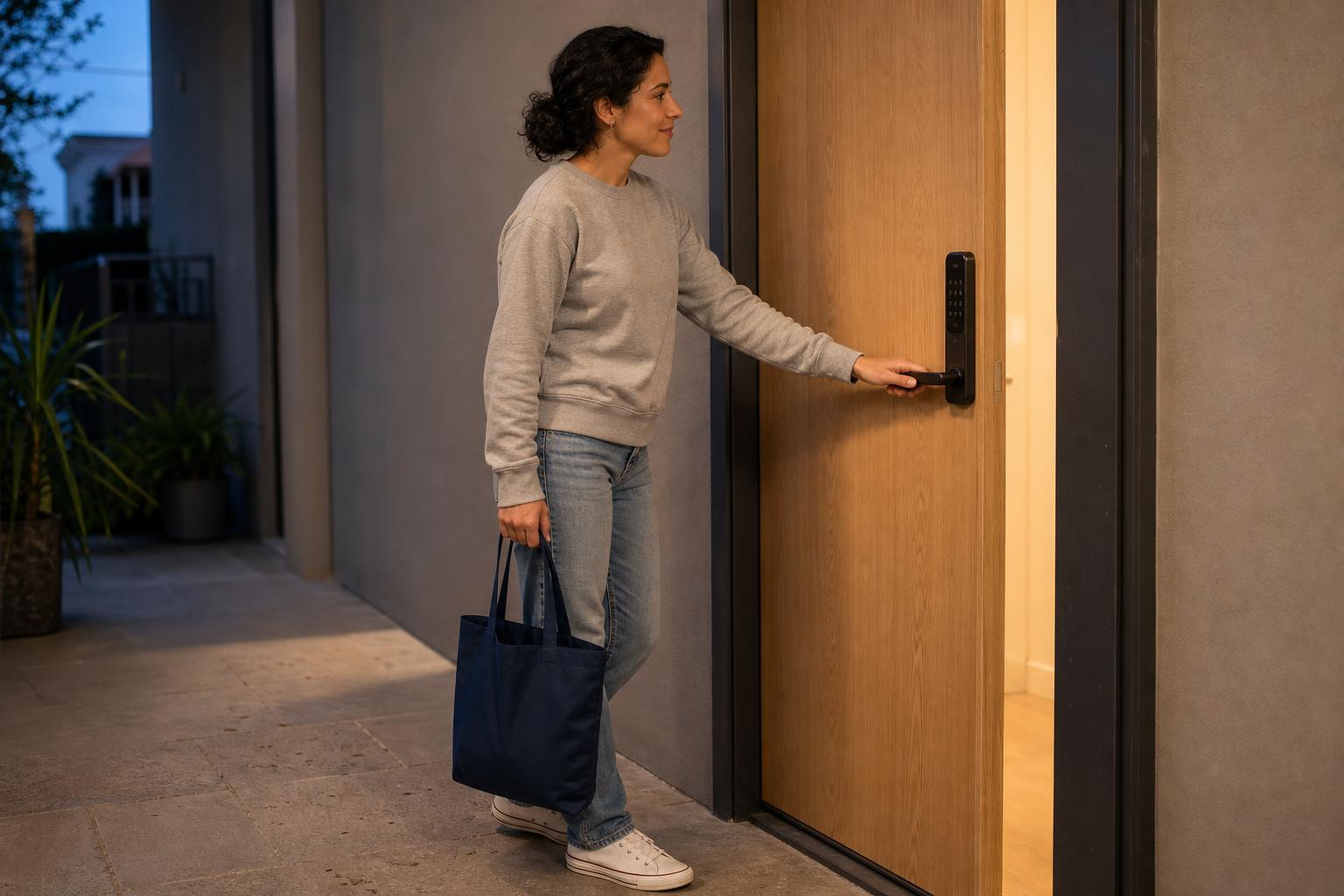 Smart lock duress code appearing normal as a homeowner enters her front door.