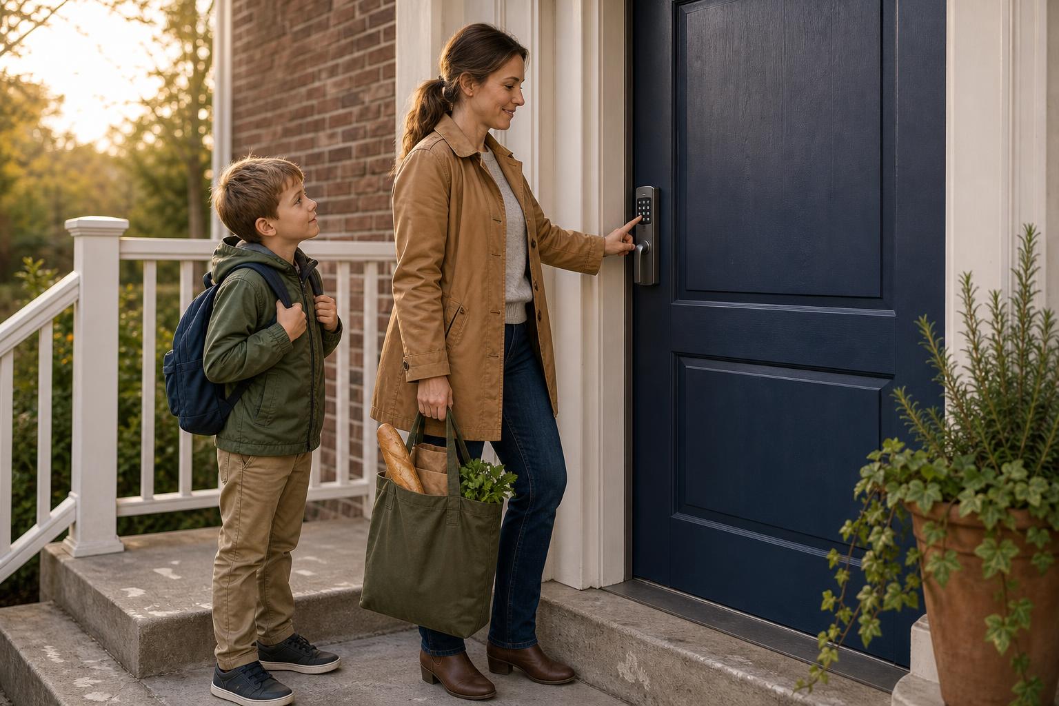 A busy parent using a reliable electronic keypad door lock while carrying groceries home.