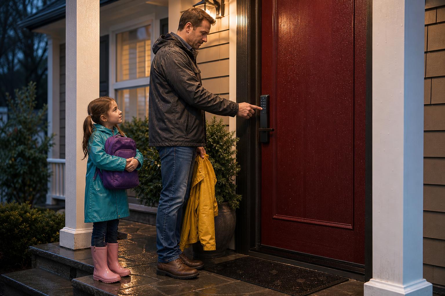 A family uses a smart lock keypad during an internet outage, showing reliable offline access.