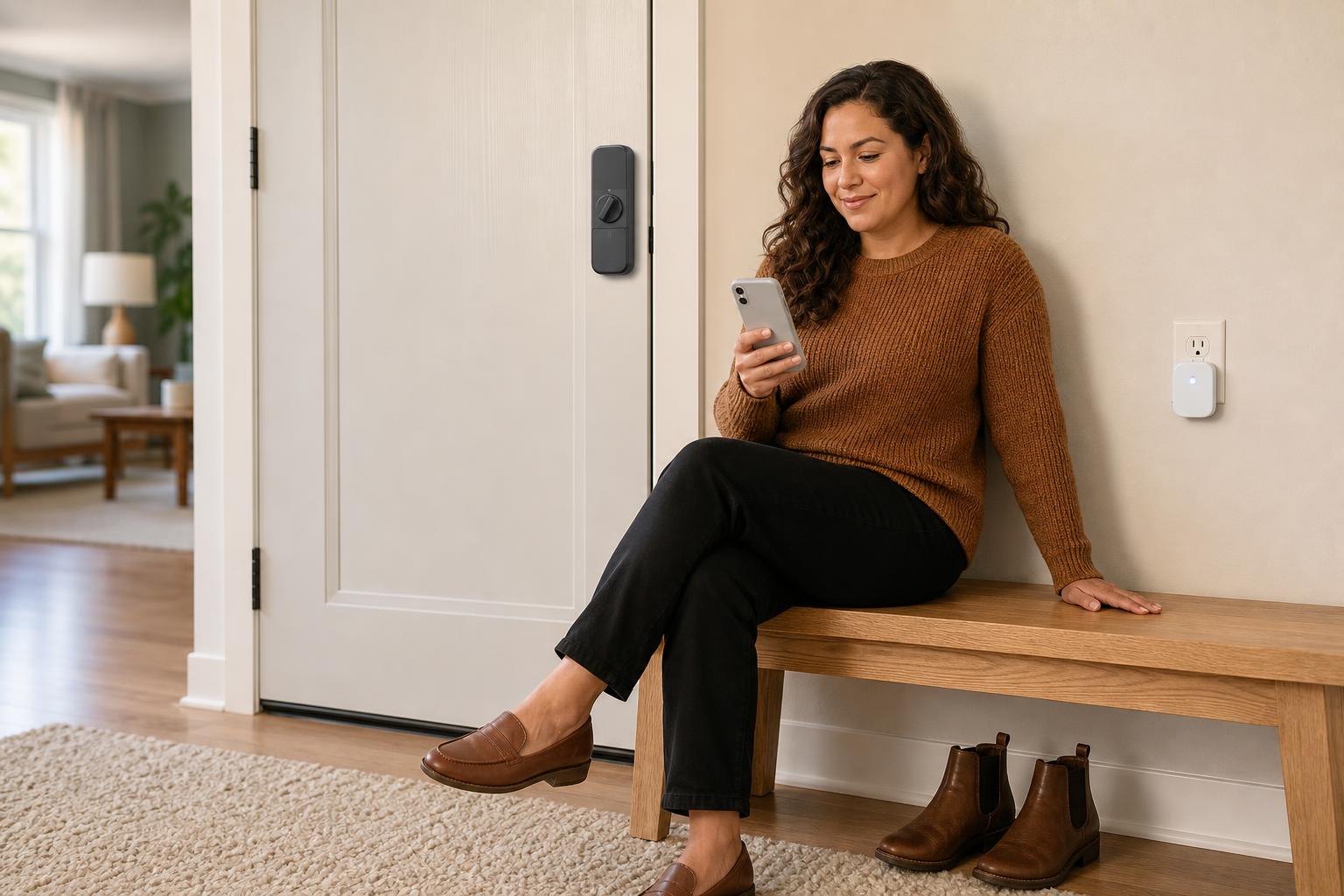 A WiFi bridge near a Bluetooth smart lock adds remote access while preserving long battery life.