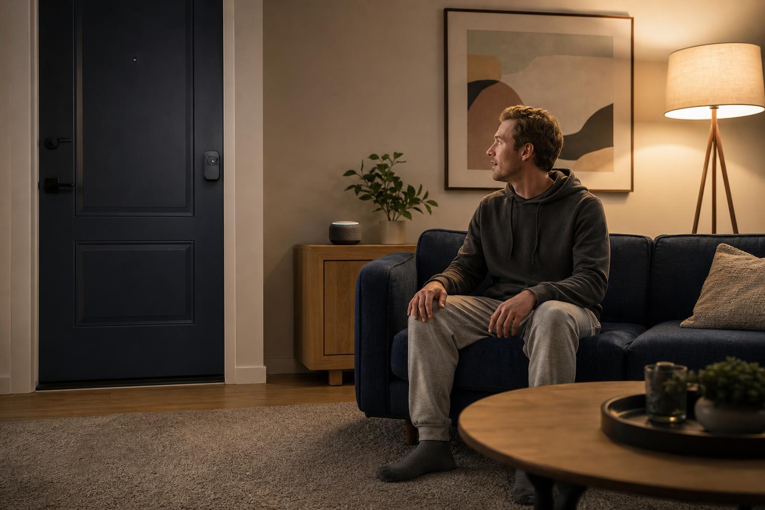 Smart home owner relaxing in a connected living room after using voice control to secure the front door.