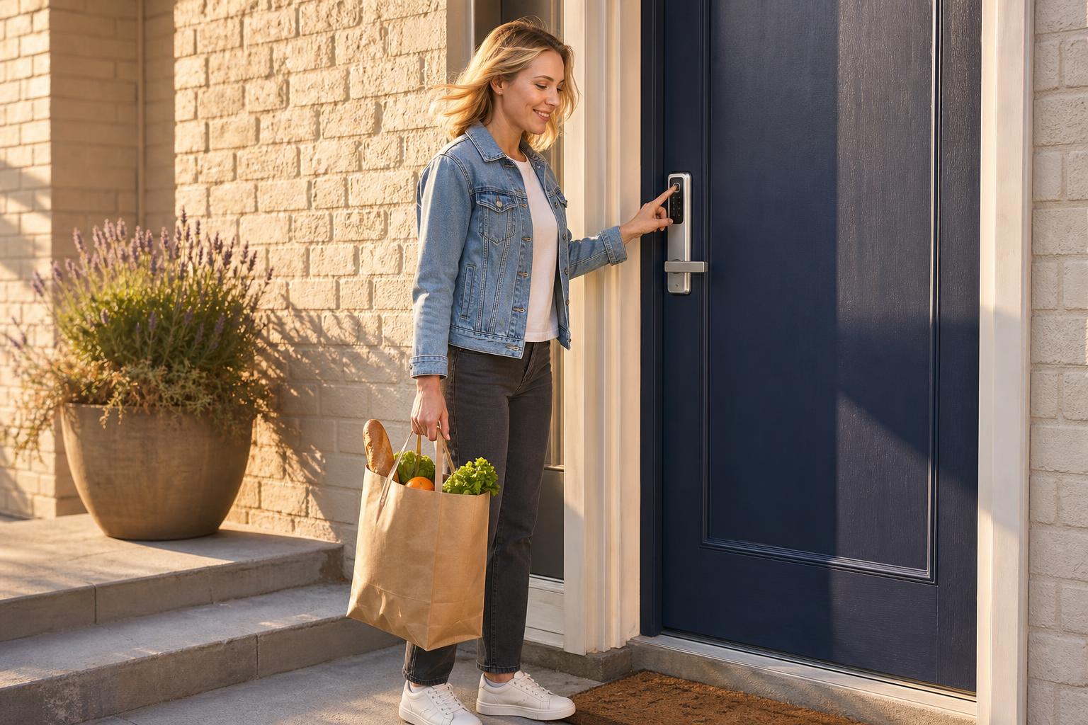 Bluetooth smart lock provides simple keyless entry for a homeowner arriving with groceries.