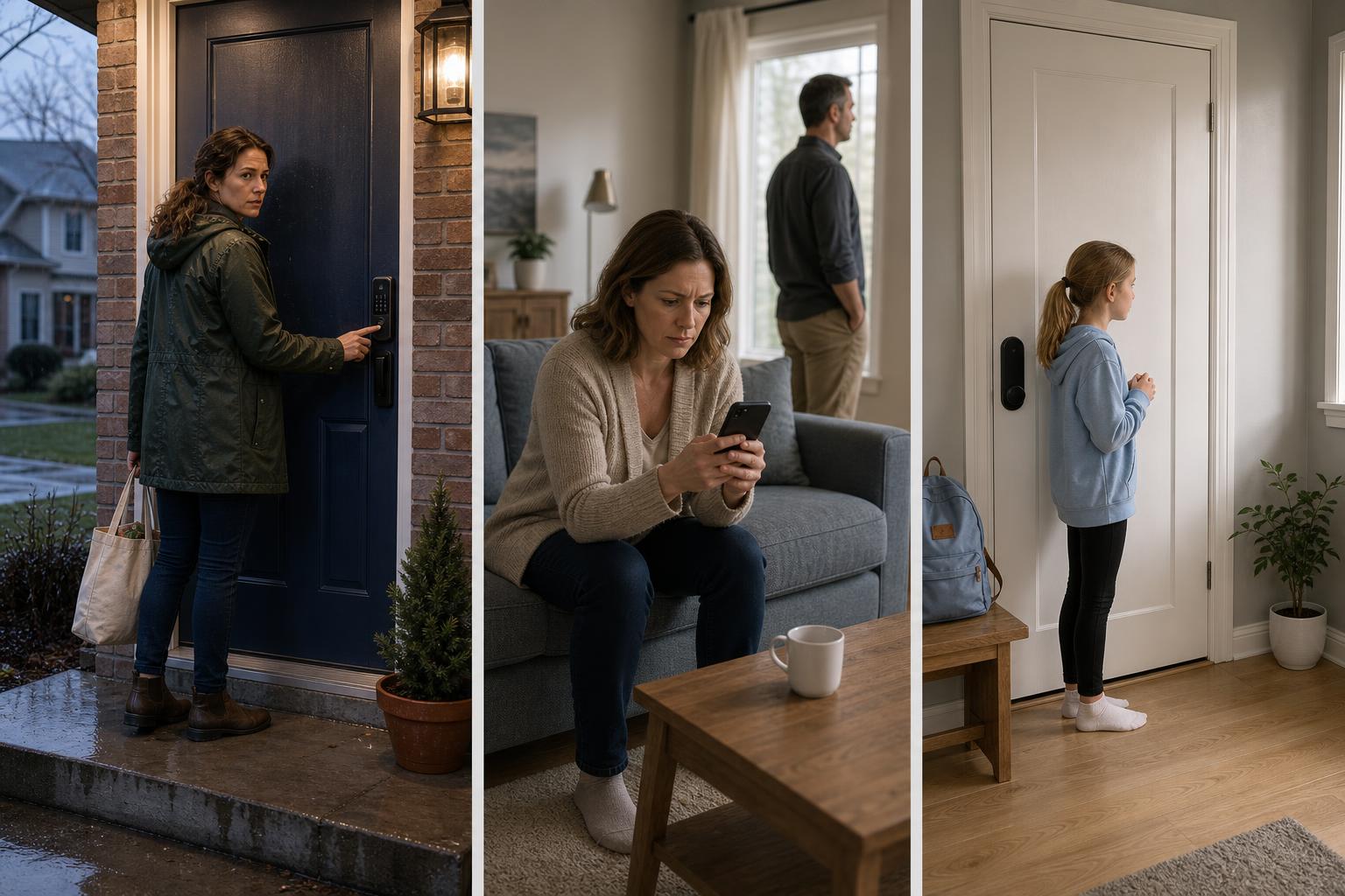 Three home safety moments showing why a smart lock duress code can matter.