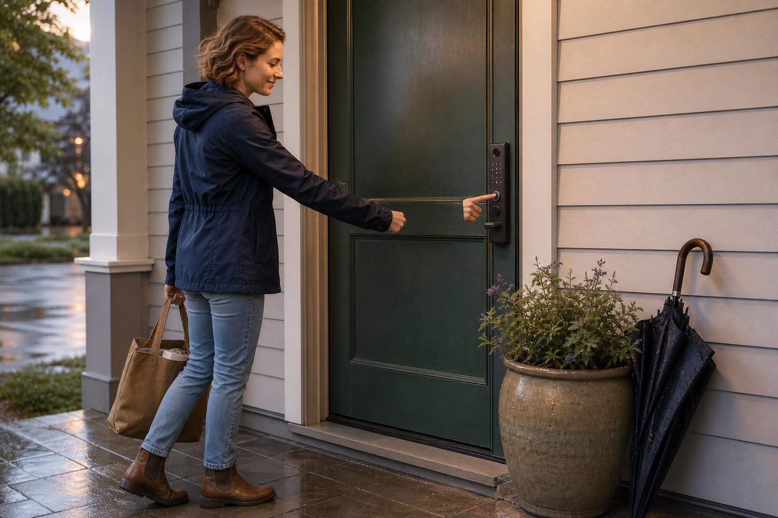 Homeowner using an integrated smart lock doorbell with a visible camera, doorbell button, keypad, and handle on a front door.