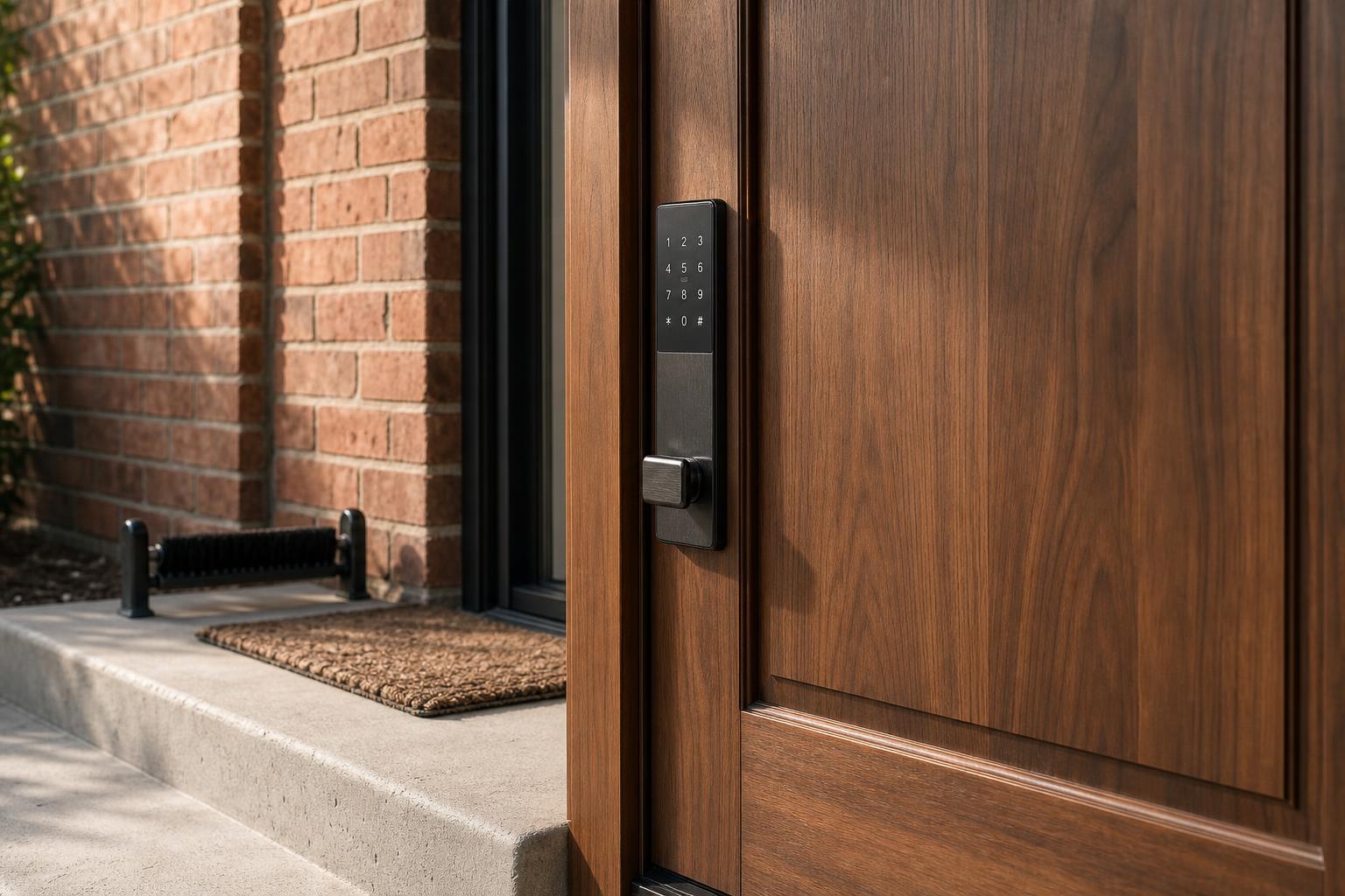 Close home exterior view of a sturdy smart deadbolt correctly installed on a solid front door, emphasizing ANSI-grade mechanical strength.