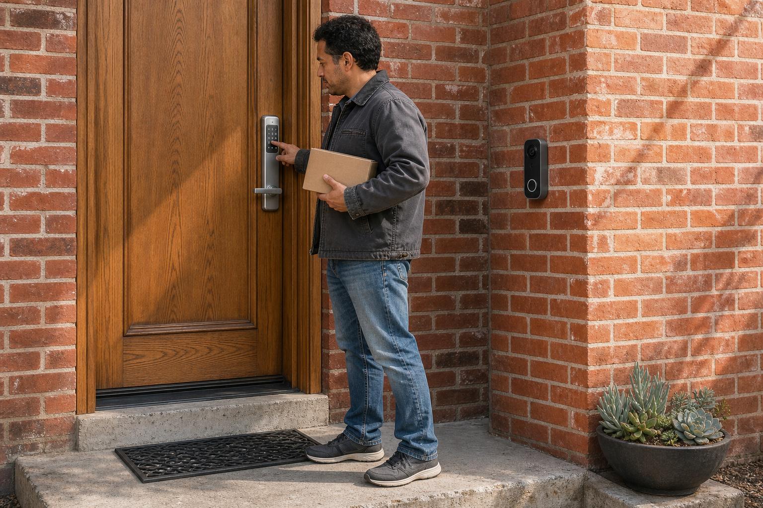 Separate smart lock and video doorbell installed in their correct positions beside a residential front door.