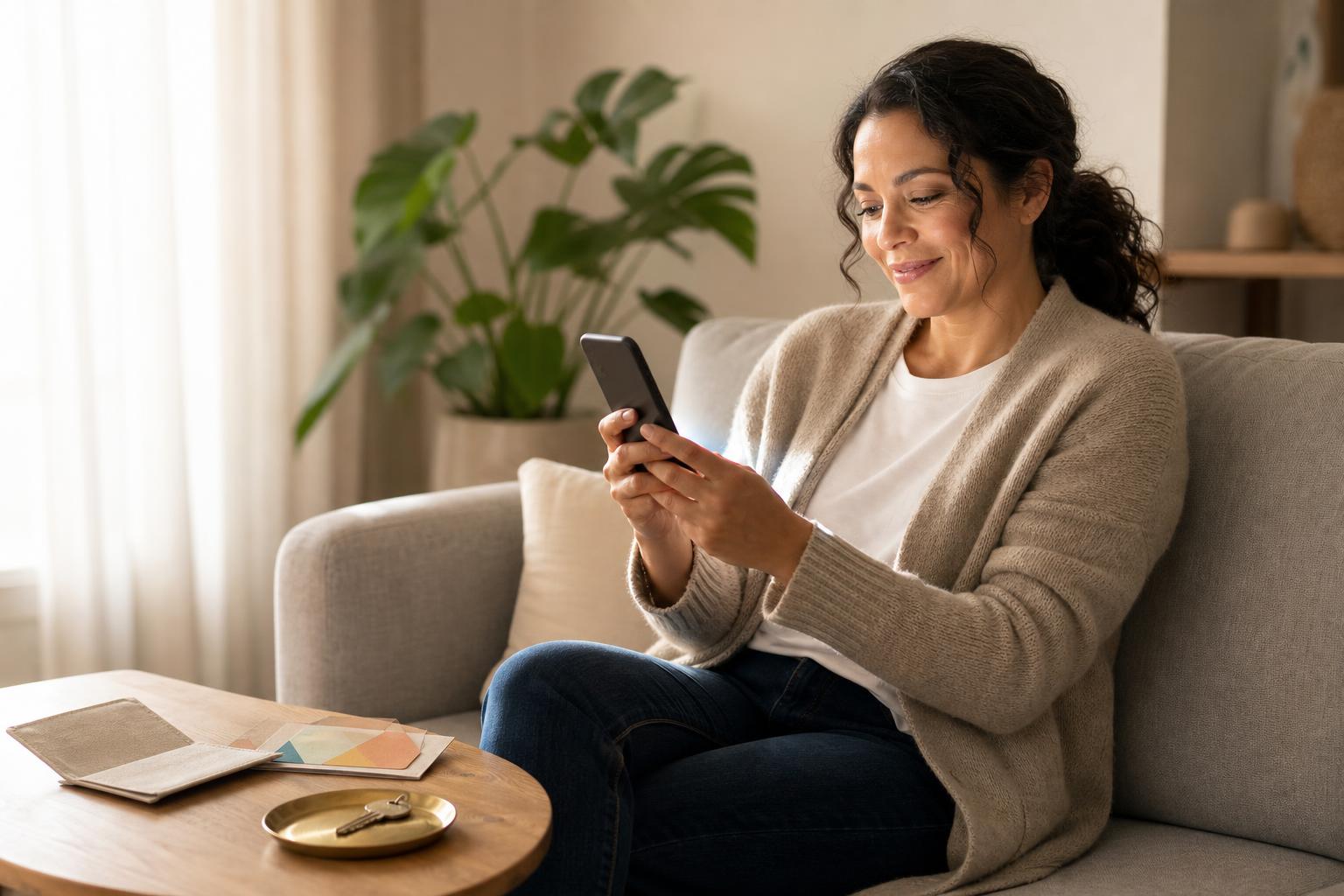 Vacation rental owner remotely managing guest access from her living room with a smartphone and welcome materials.
