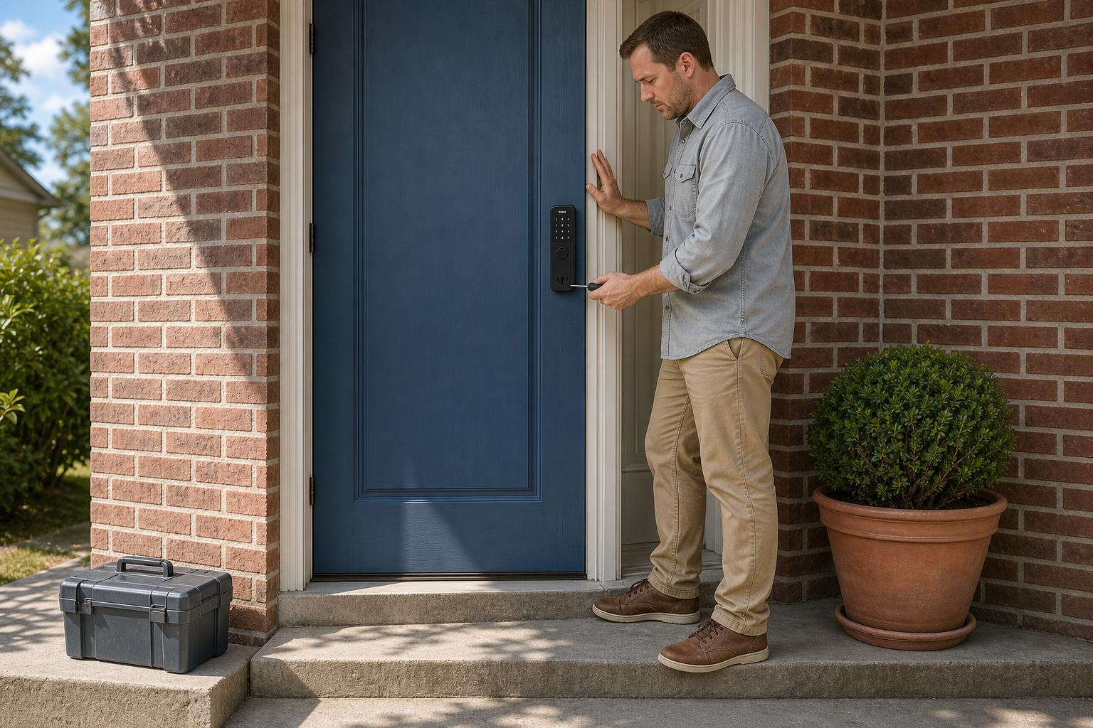 Homeowner installing a full replacement smart deadbolt on a front door with a screwdriver.