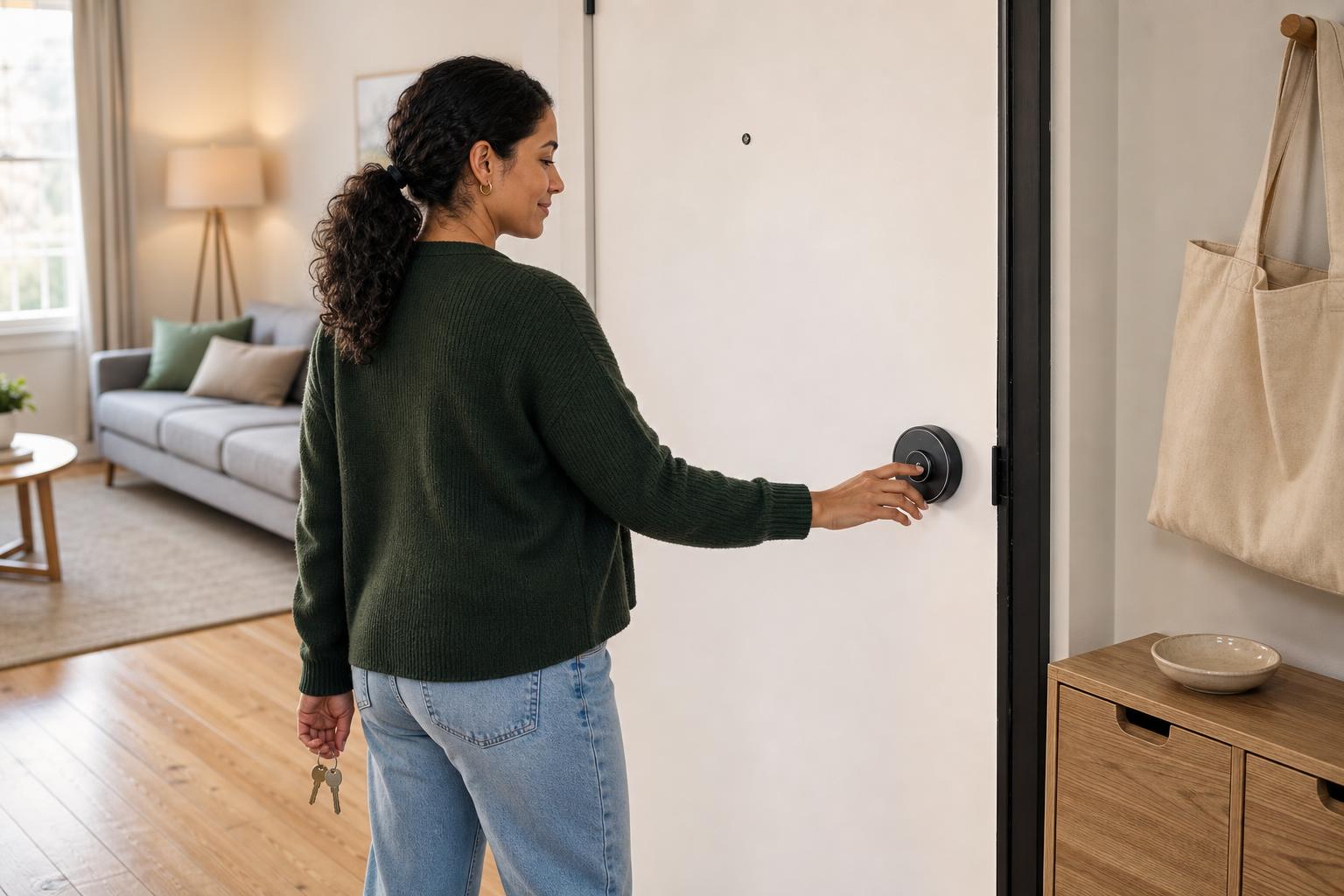 Renter managing a retrofit smart lock from the inside of an apartment door.