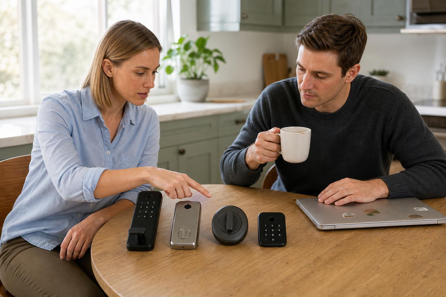 A homeowner comparing four no-hub smart lock form factors before choosing a replacement or retrofit option.