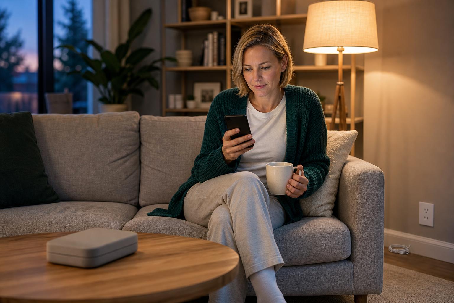 Homeowner reviewing smart lock connectivity and battery options on a phone in a comfortable living room.