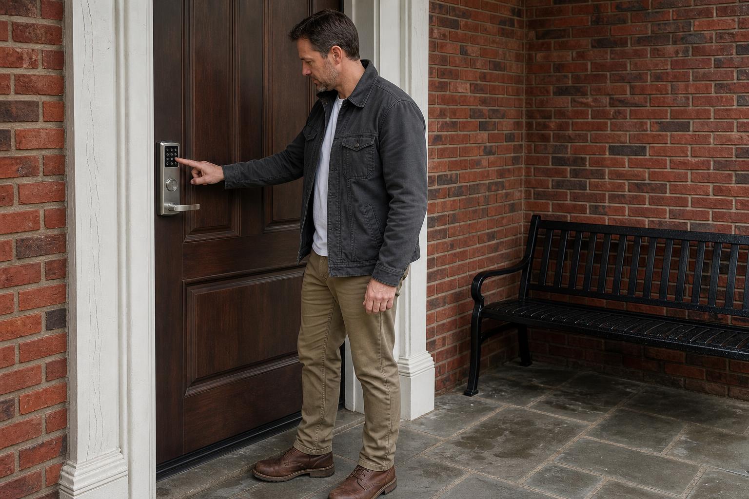 Security-conscious homeowner securing a front door with a robust ANSI Grade 1 smart lock alternative.