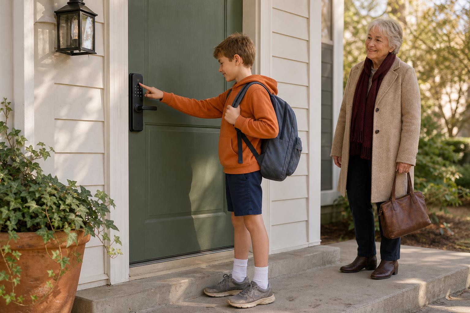 School-age child using fingerprint access on a family-friendly smart lock while an older grandparent arrives home.