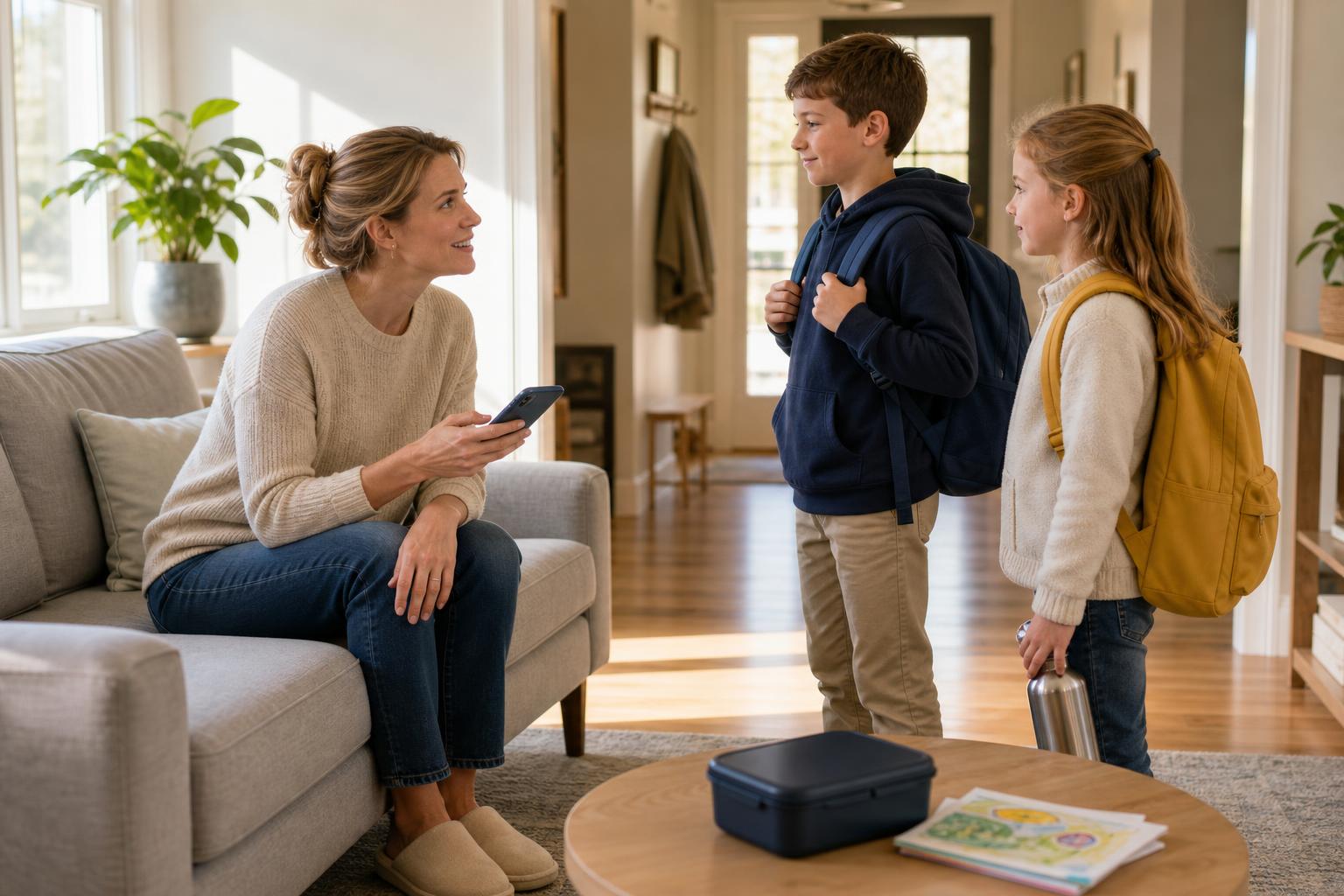 Busy family coordinating school-day access at home with a smartphone, illustrating shared smart lock access and temporary codes.