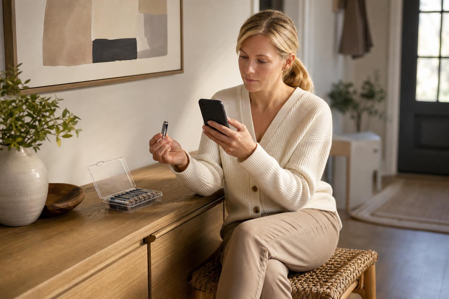 Homeowner checking a low-battery smart lock alert beside fresh replacement batteries, illustrating smart lock battery life and reliability.
