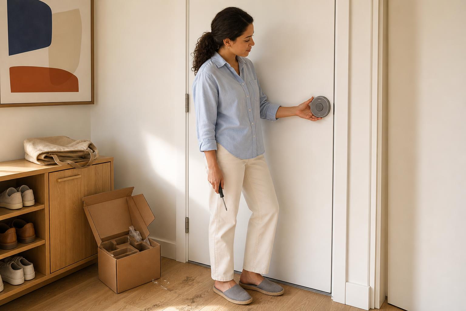 Renter installing an interior retrofit smart lock while keeping the original exterior door hardware unchanged.