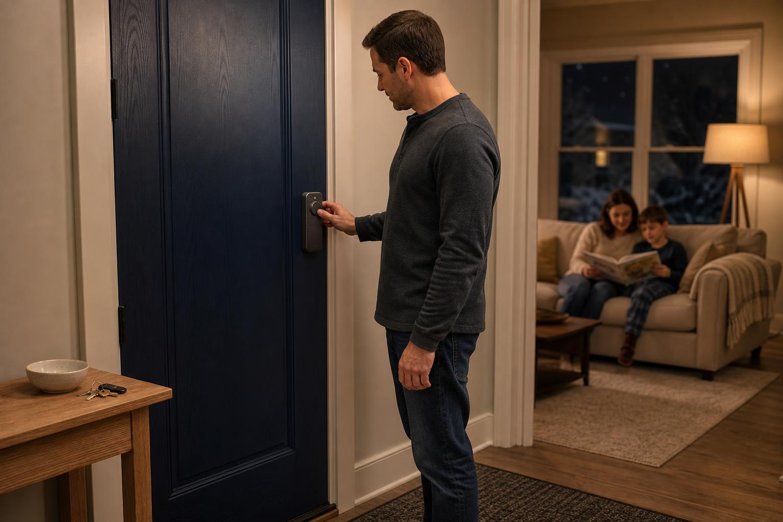 Family arriving home to a secure front door with a durable keypad smart lock.