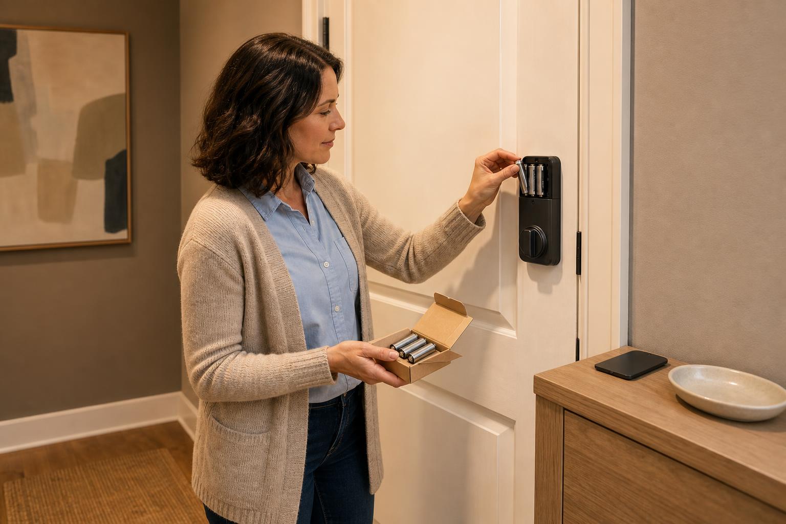 Homeowner replacing AA batteries in the interior panel of a smart lock at home.