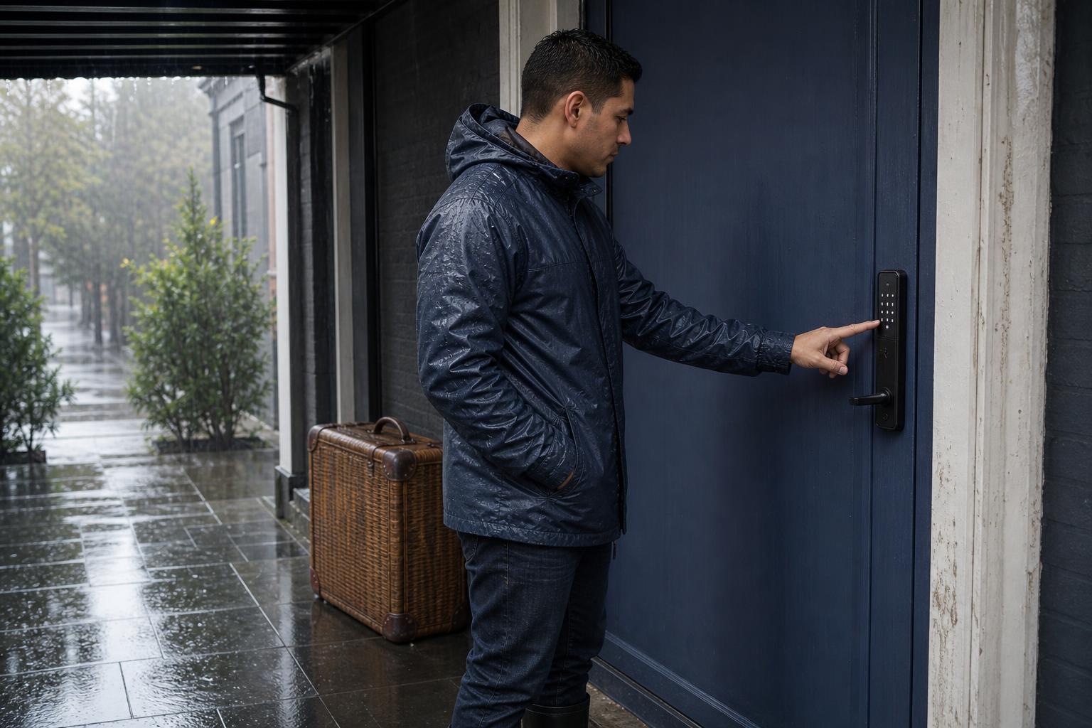 Airbnb guest entering a temporary code on an offline keypad smart lock during a rainy self-check-in.