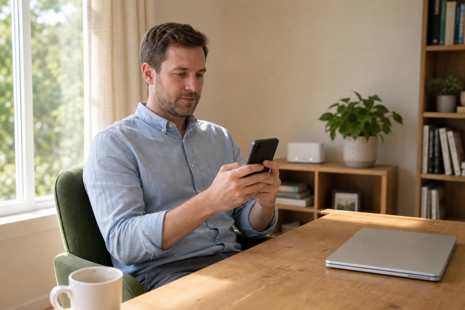 Professional working remotely with a phone, showing the everyday convenience of a direct WiFi smart lock with no hub.