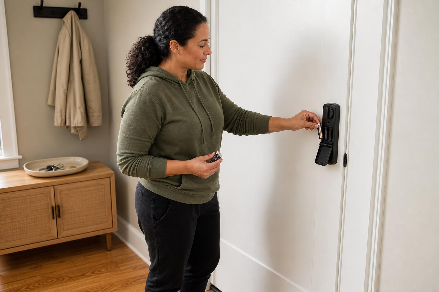 Homeowner replacing batteries in the inside panel of a WiFi smart lock, illustrating real-world battery maintenance.