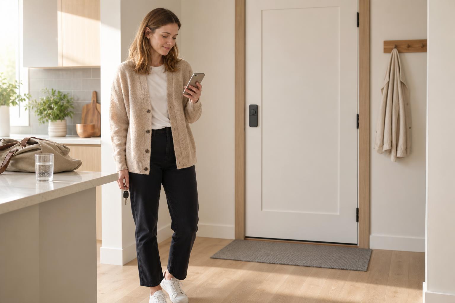 Homeowner checking an app-controlled home lock status before leaving in the morning.