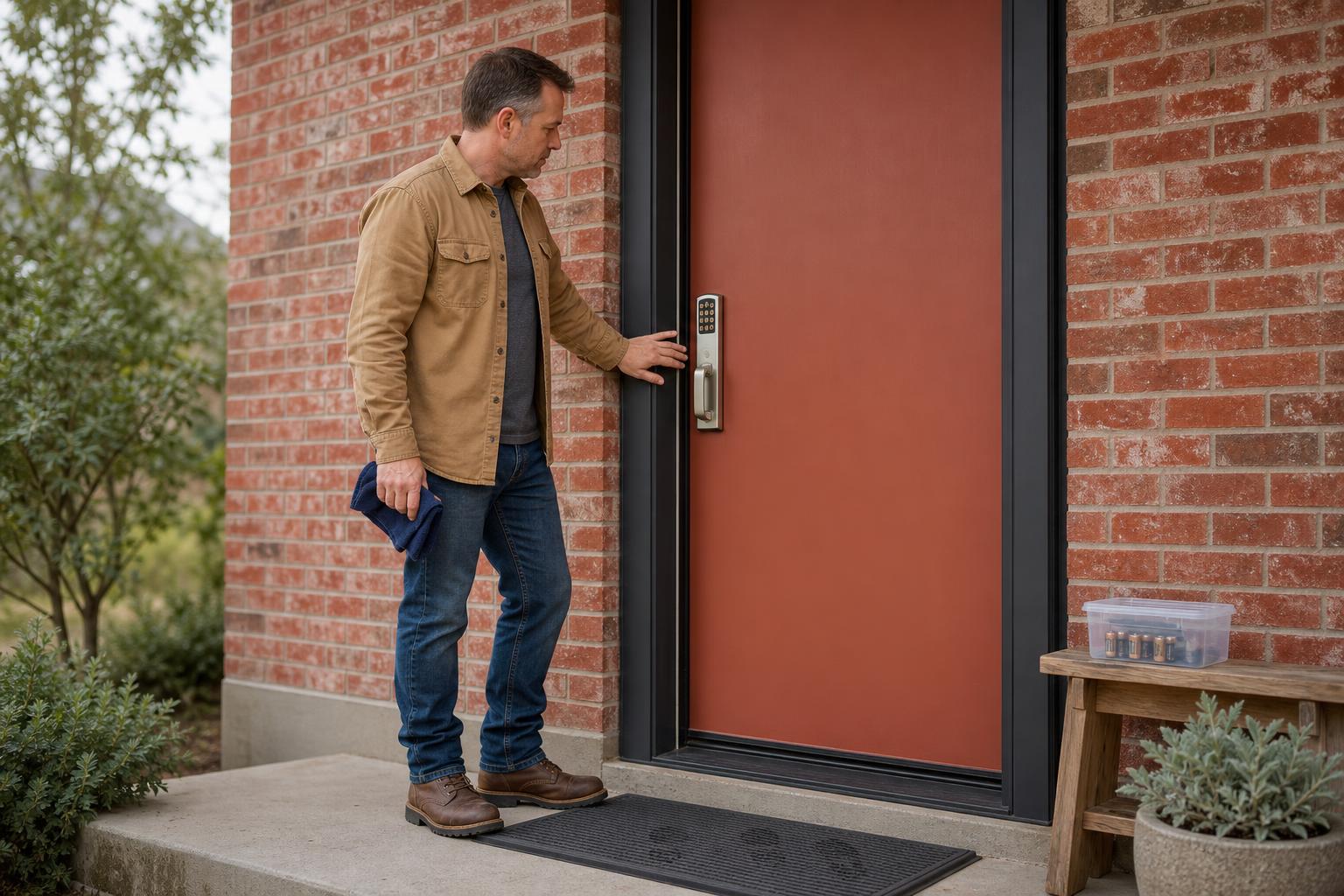 Homeowner checking door alignment on a smart-lock front door to help preserve battery life.