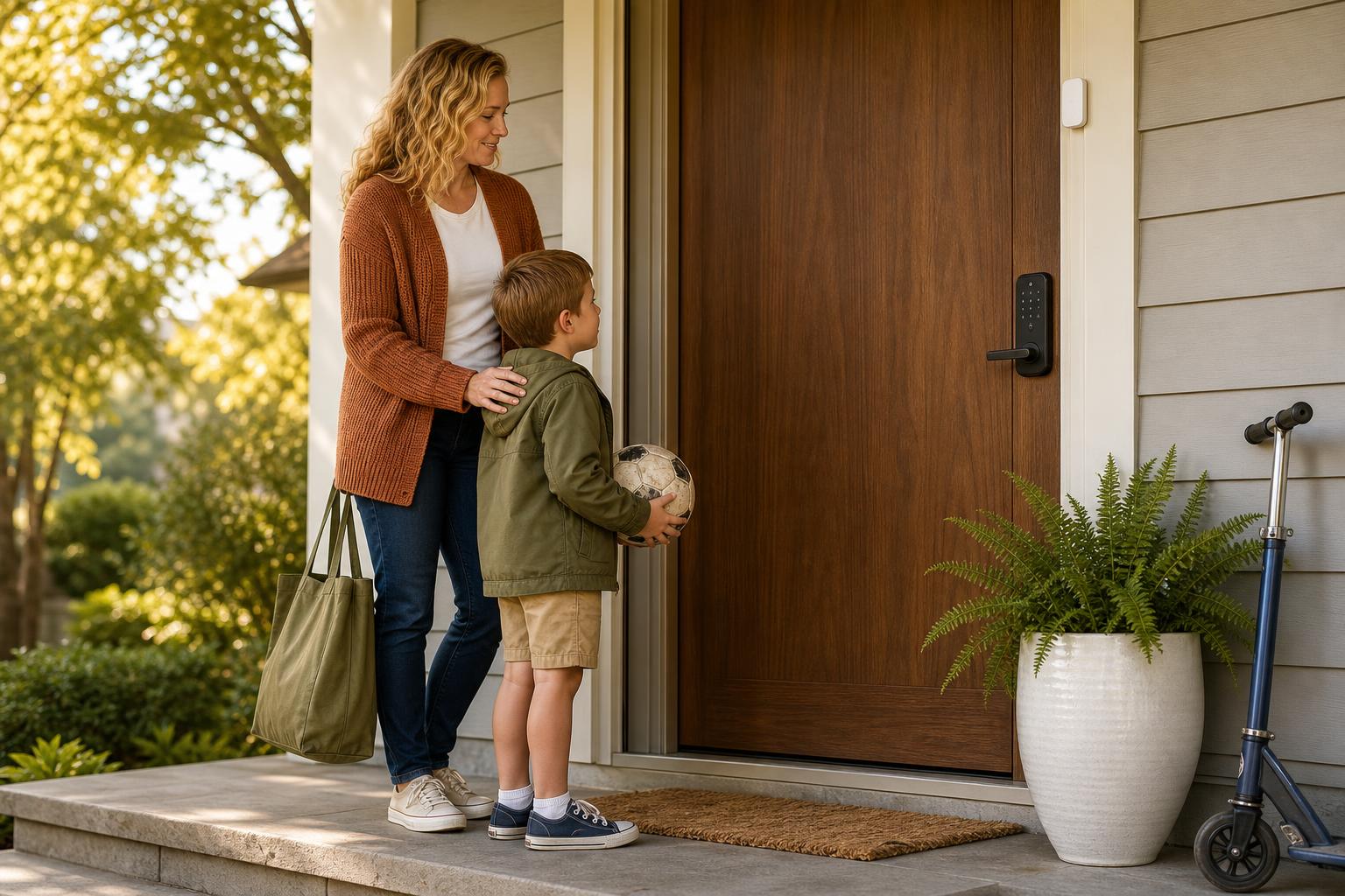 Reliable sensor-equipped smart lock installed on a family front door with the door fully closed.