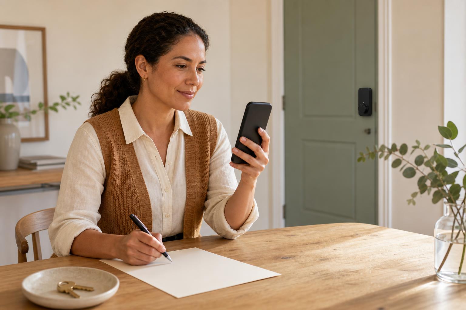 Rental host scheduling a temporary guest access code on a phone beside a tidy short-term rental entry.