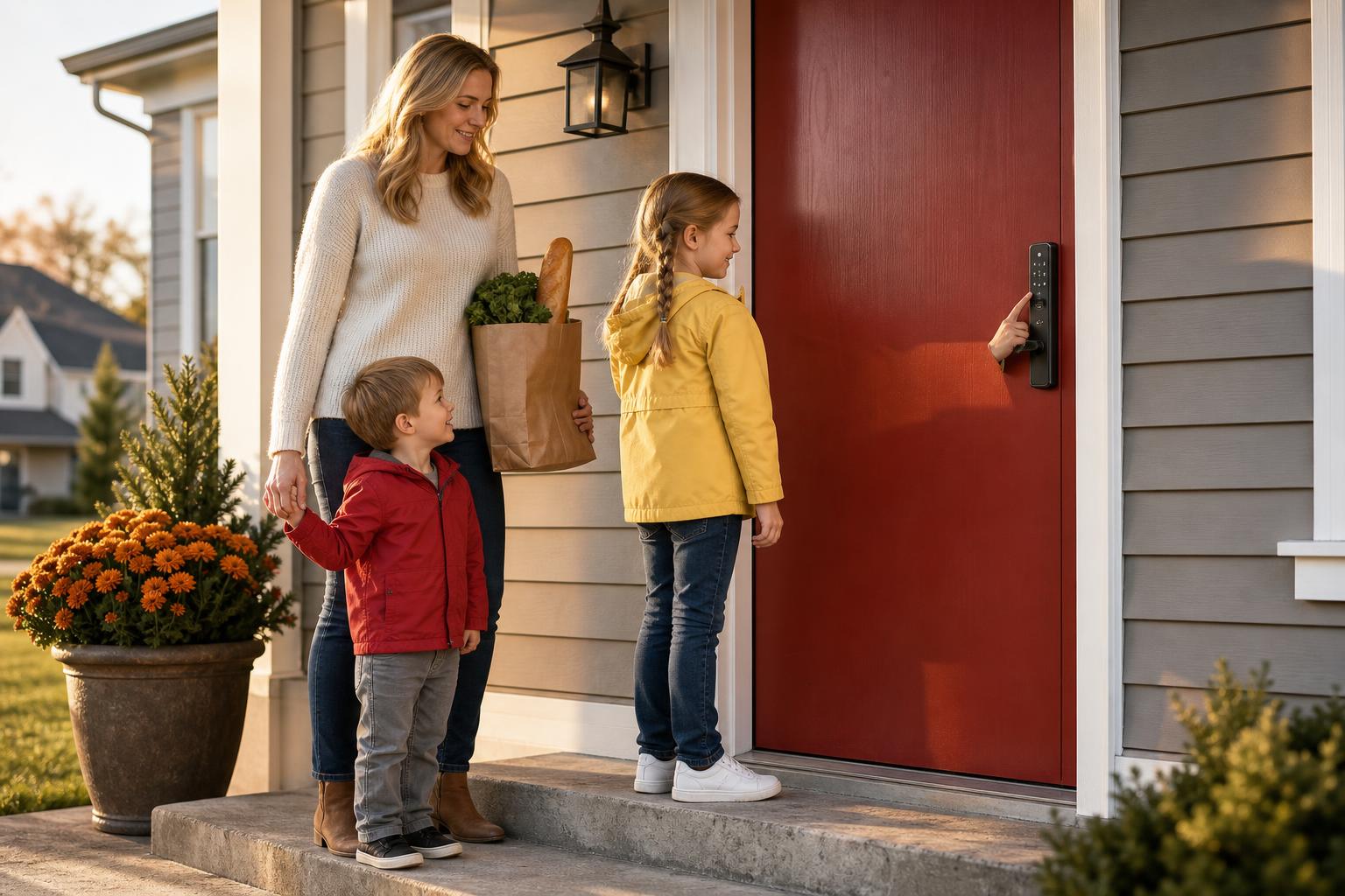 Busy family arriving home as a child unlocks the front door with a keypad code on a DIY-installed smart lock.
