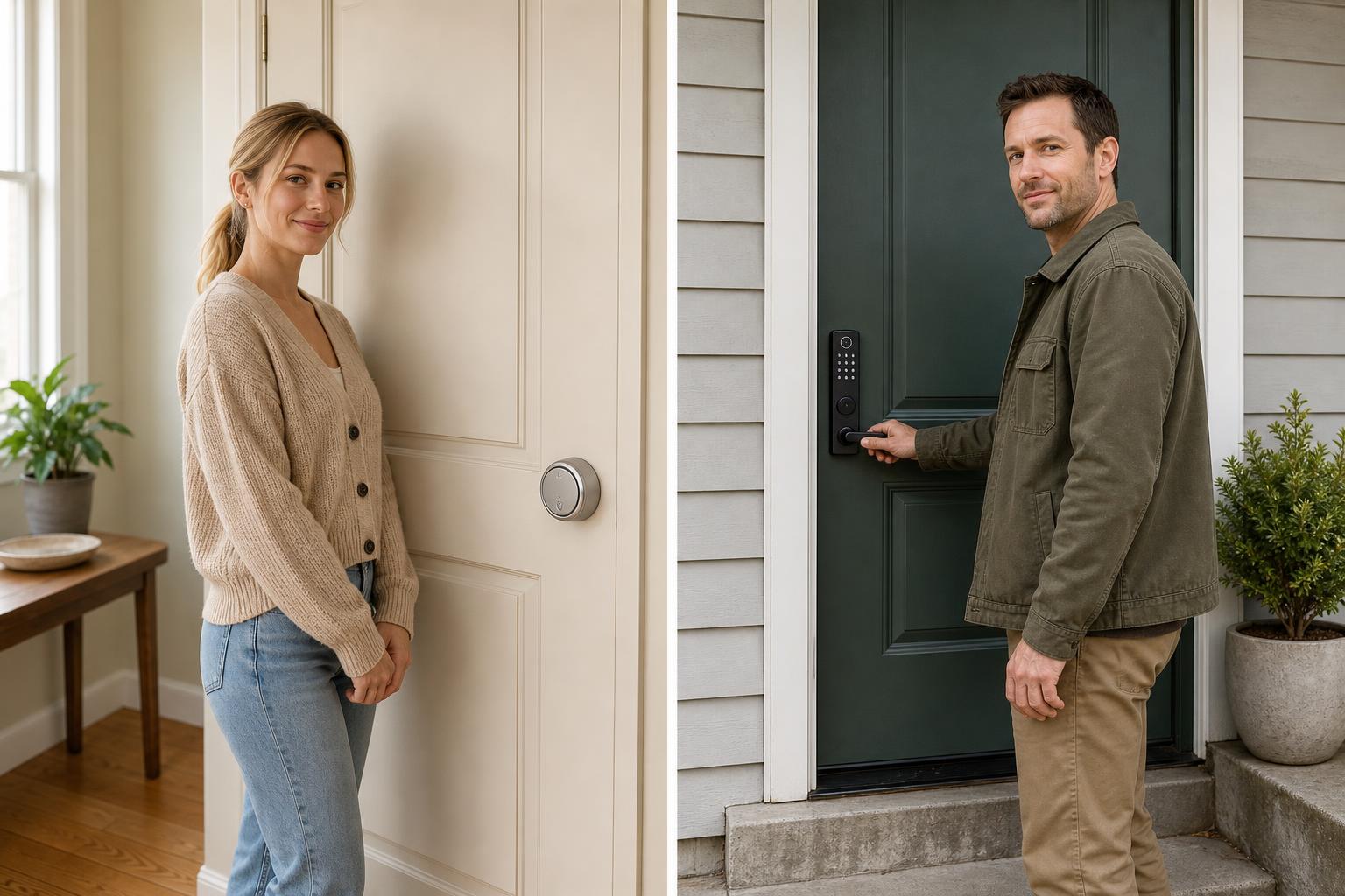 Retrofit smart lock and full-replacement smart lock shown on two real residential doors for a DIY installation comparison.