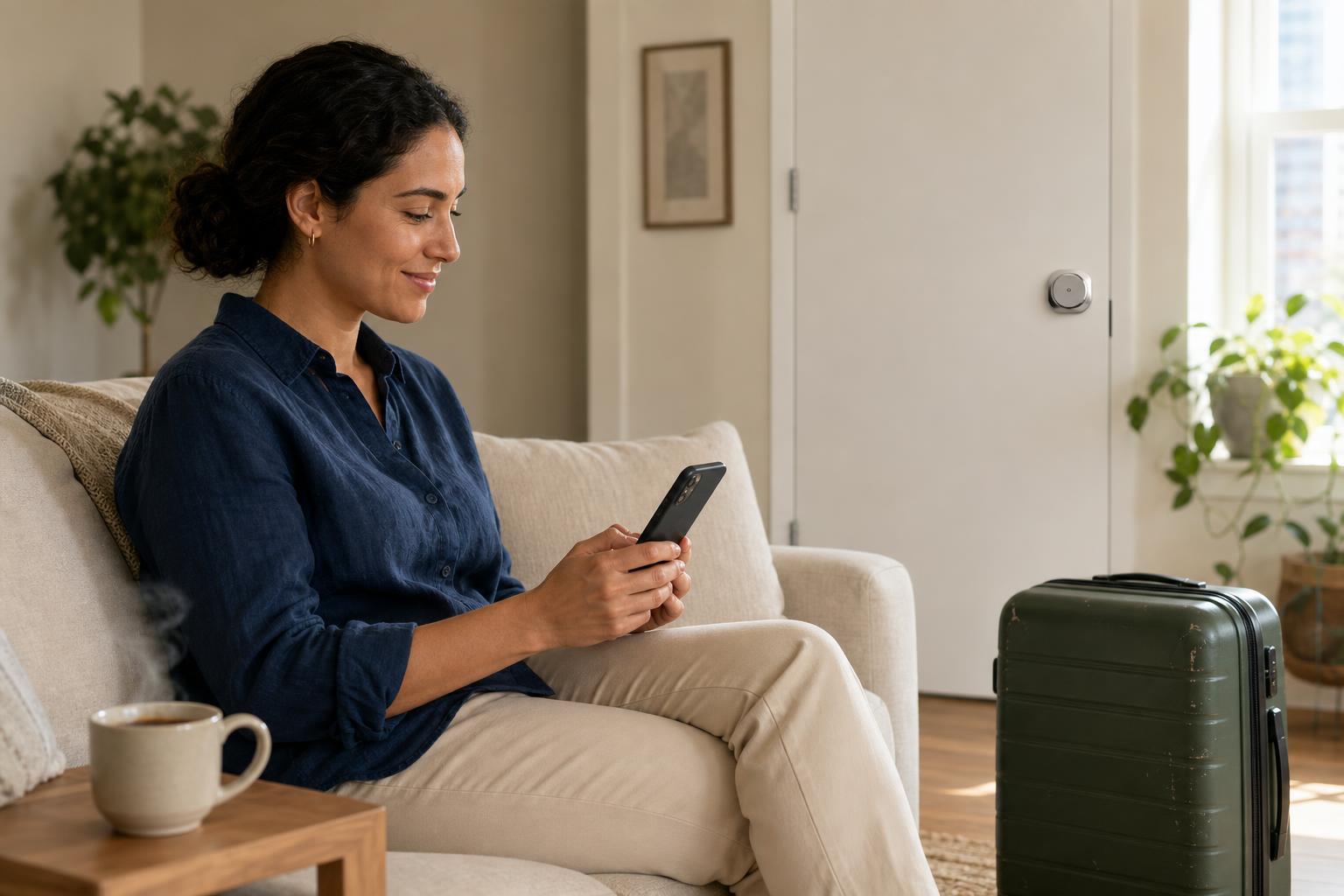A vacation rental host remotely managing guest access on a phone, showing the convenience of built-in Wi-Fi smart locks.