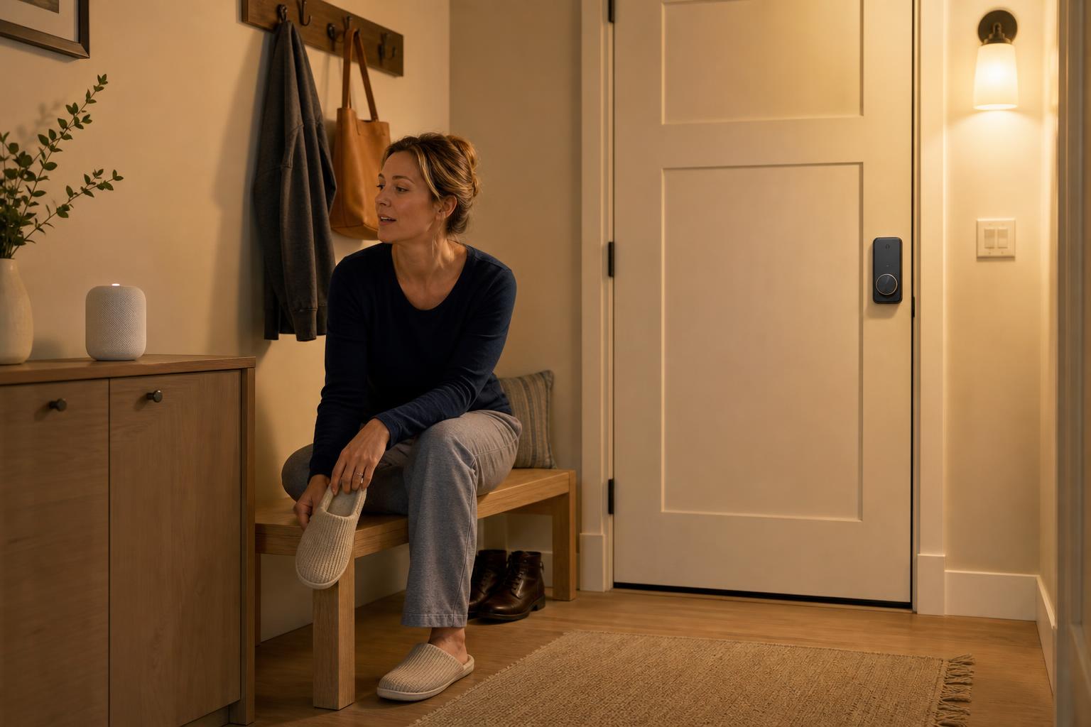 Woman using voice control at home as her connected smart lock and entryway light support a bedtime routine.