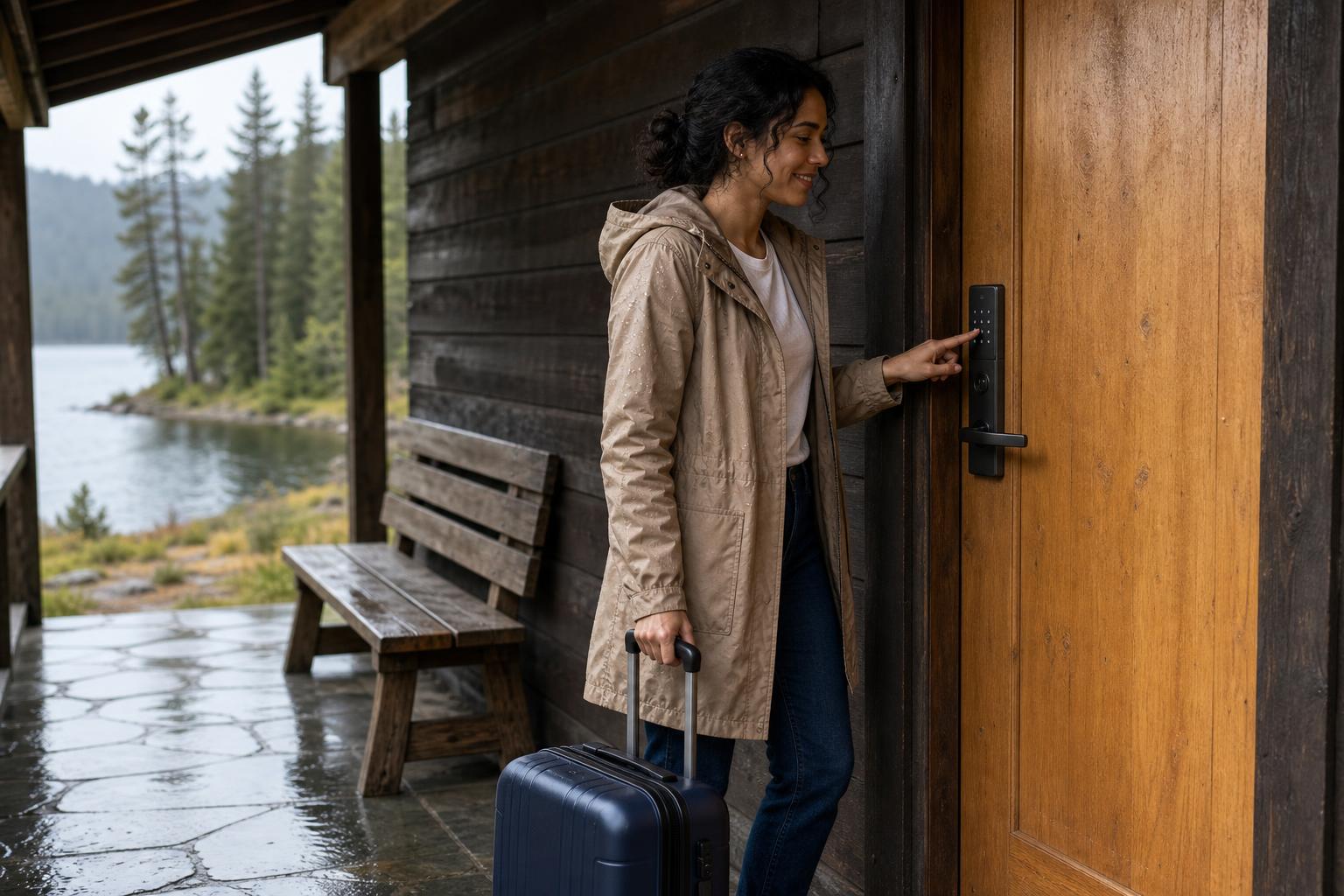 Vacation rental guest using a time-sensitive keypad code at a secluded cabin entrance without relying on Wi-Fi.