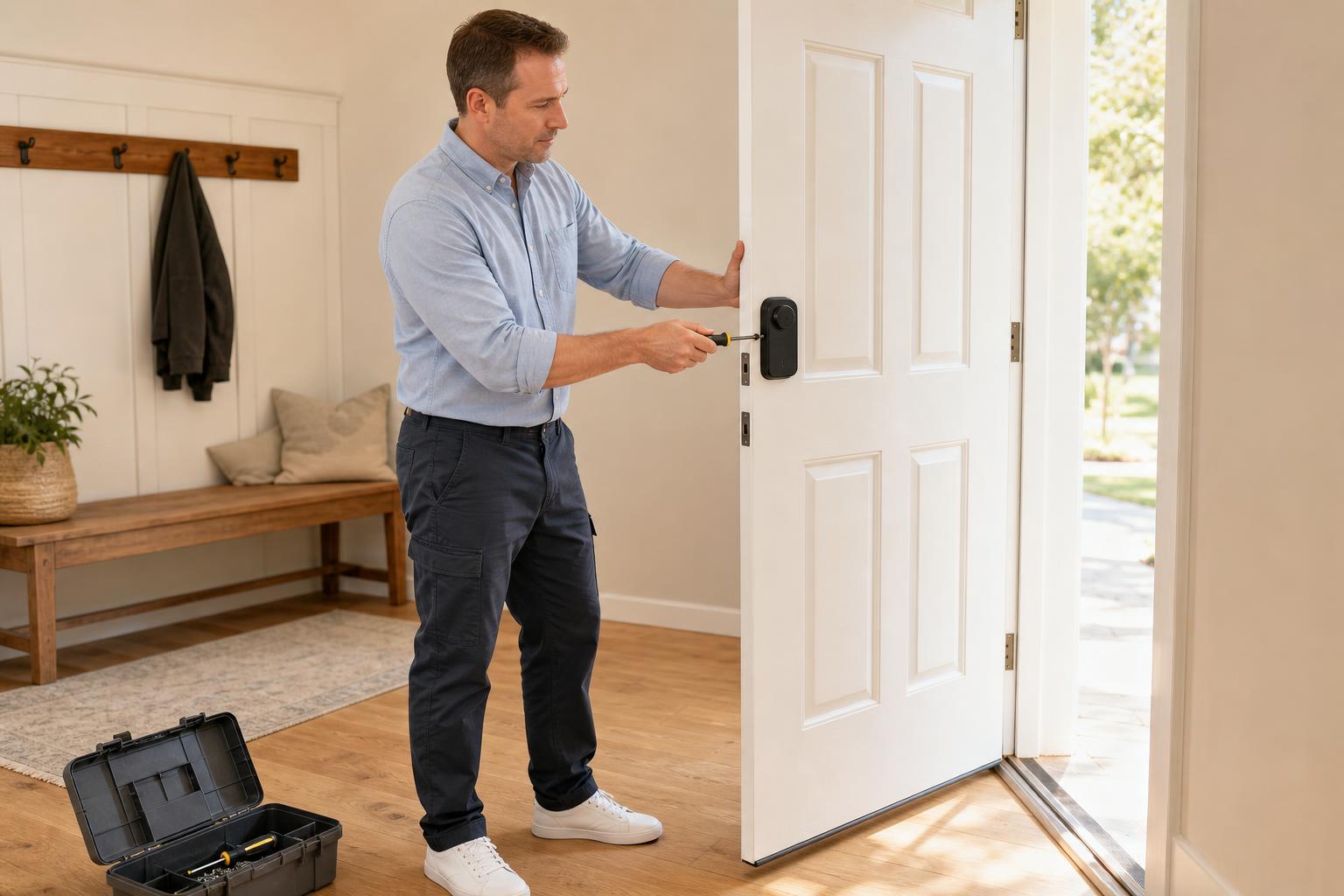 A homeowner completing easy DIY smart lock installation on a standard American front door with a screwdriver.