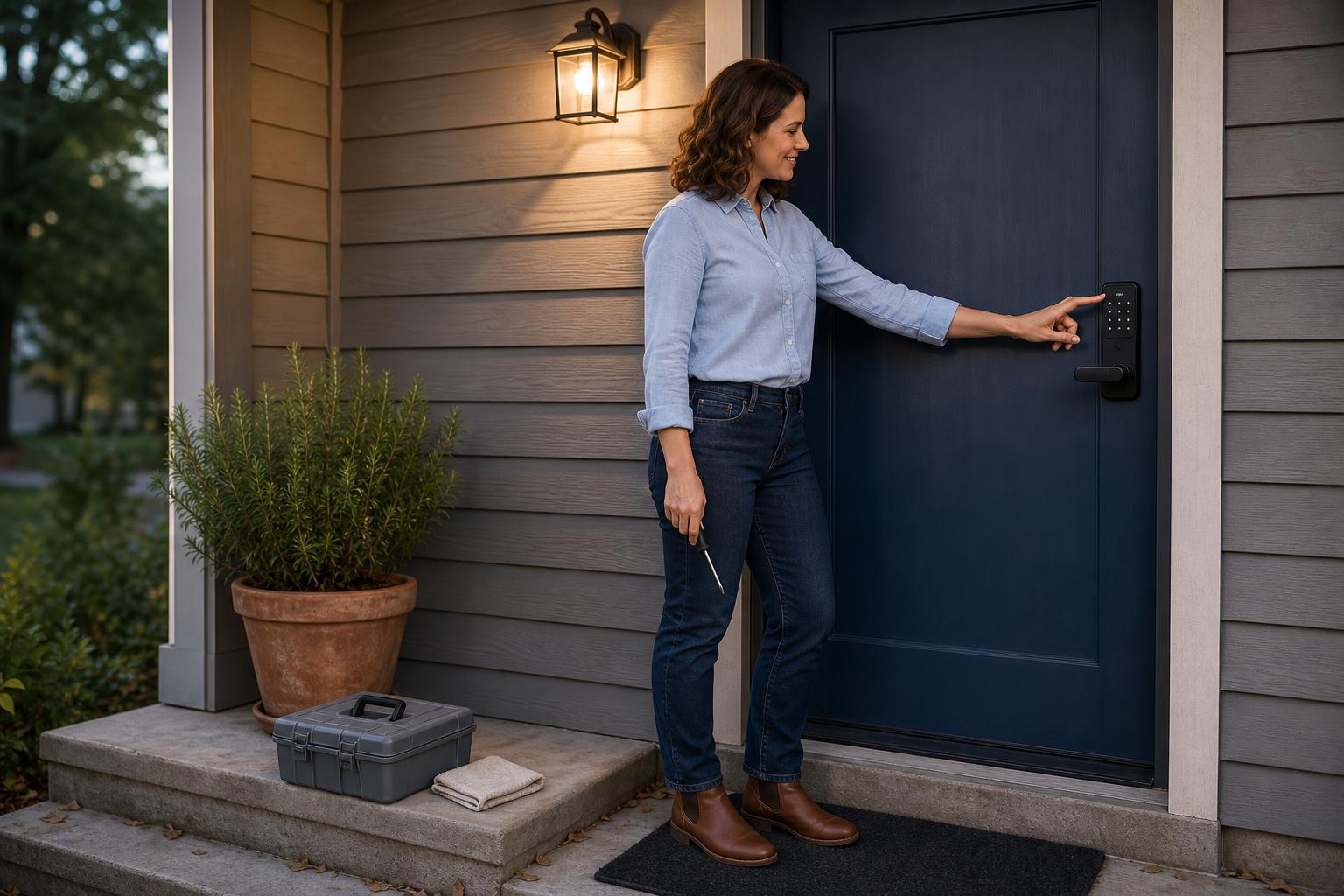 DIY Airbnb host installs an interior smart lock panel with a screwdriver on a rental property door.