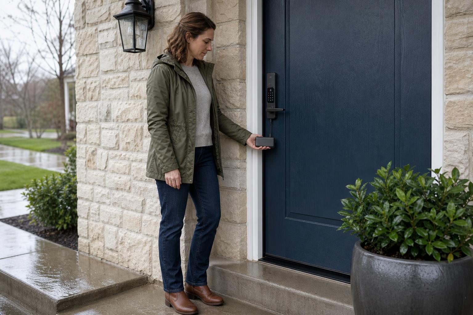 A homeowner uses an official emergency USB-C power bank connection beneath a smart lock after battery depletion.