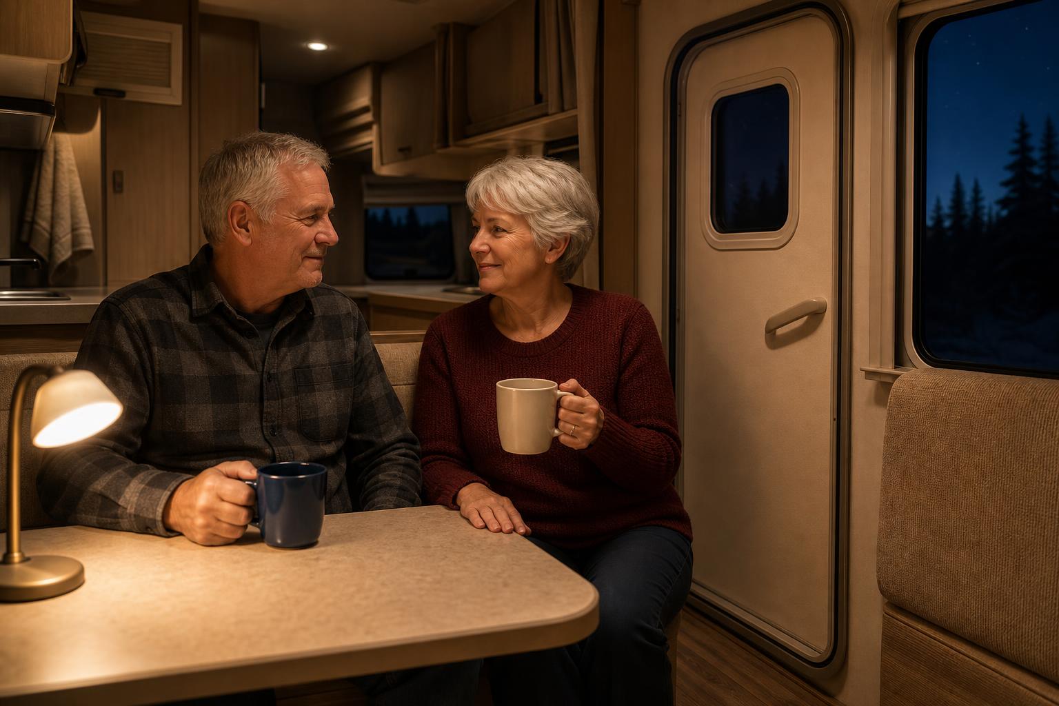 Retired RV couple relaxing inside their travel trailer at night after securing their rig for the evening.