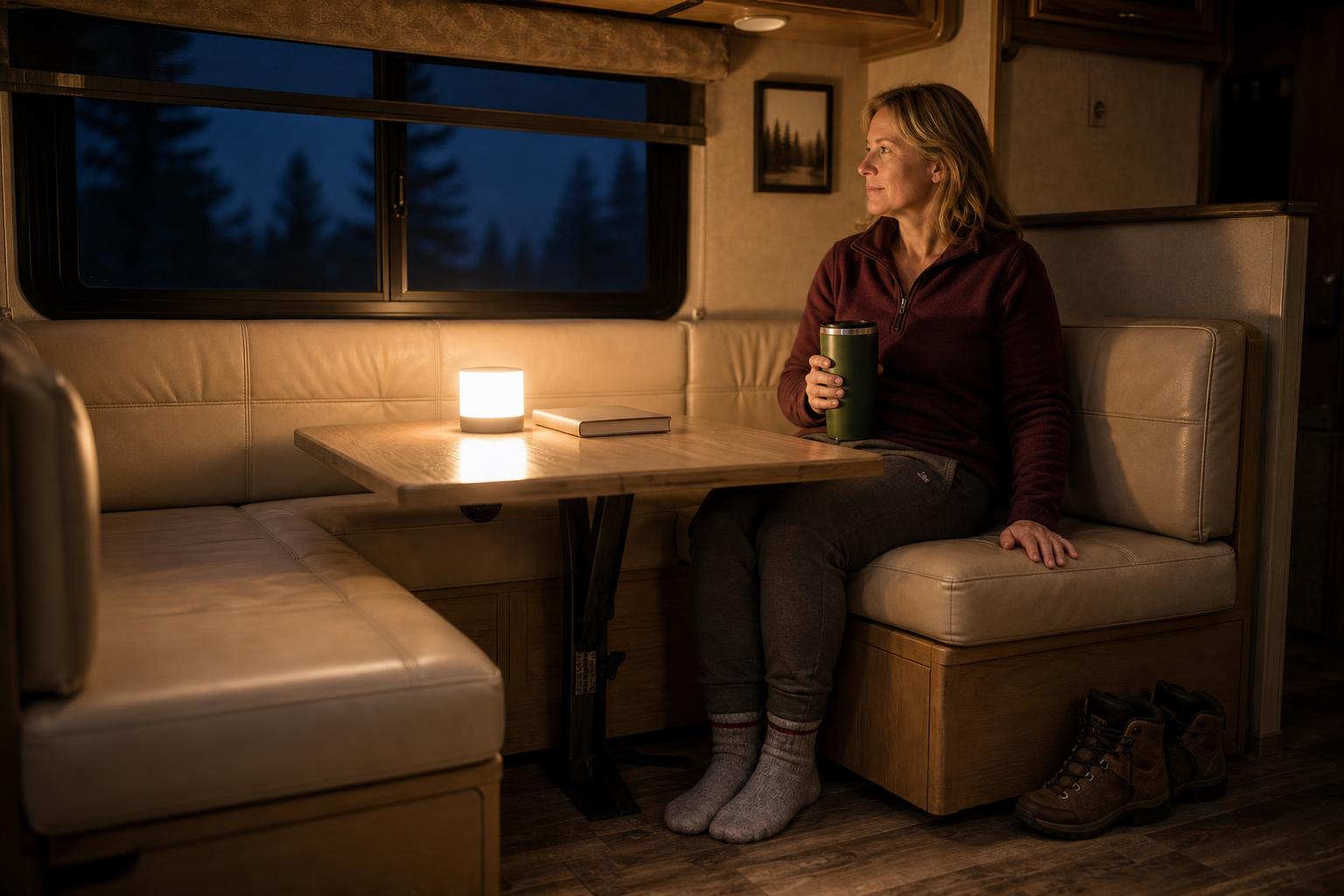 Solo RV traveler relaxing inside her travel trailer at night after a careful DIY RV door lock upgrade.