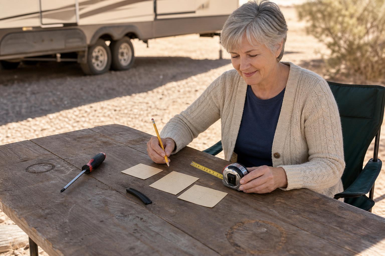 RV owner organizing a tape measure and screwdriver for an RV door lock compatibility checklist before purchase.