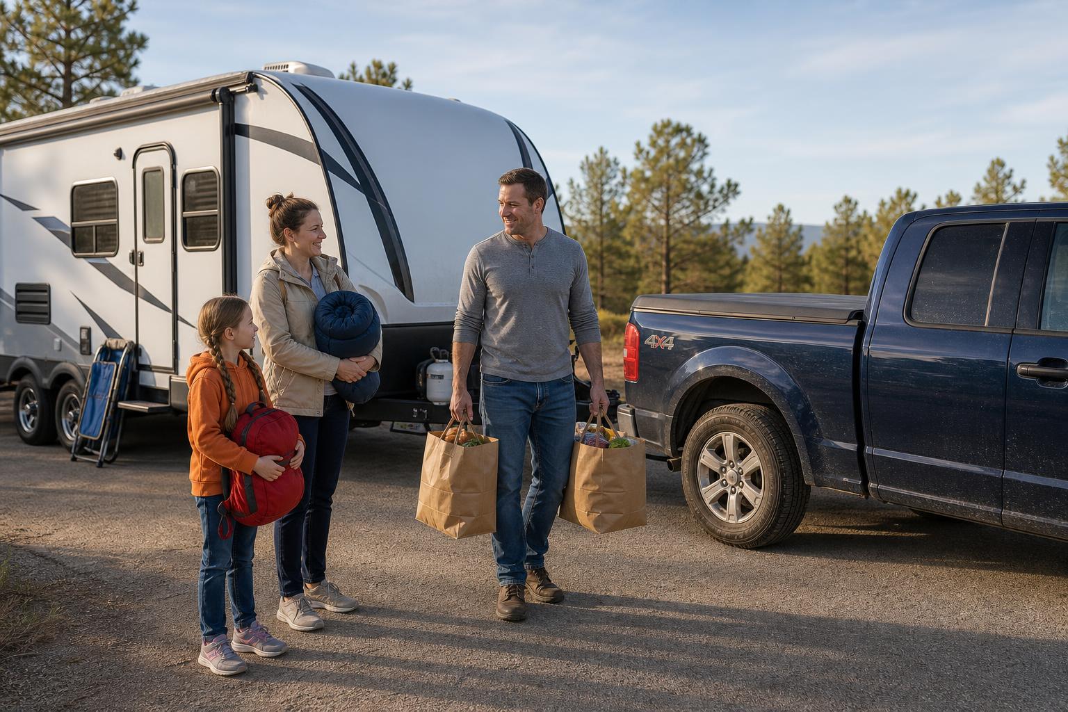 Family loading travel gear beside their towable RV before a road trip after confirming door lock compatibility.