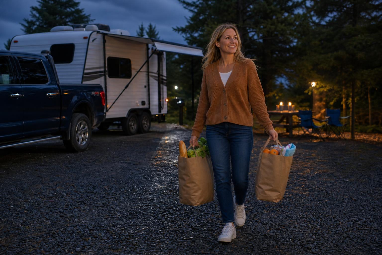 RV owner carrying groceries back to her travel trailer at dusk, illustrating convenient campsite arrival.