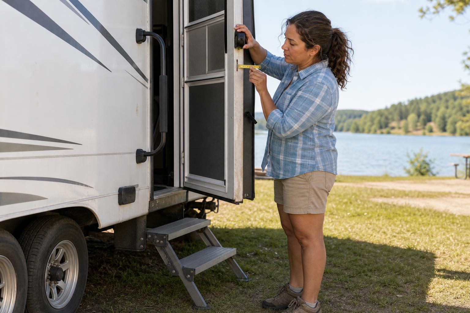 RV owner measuring the solid edge of a travel trailer door to confirm RV door lock thickness.