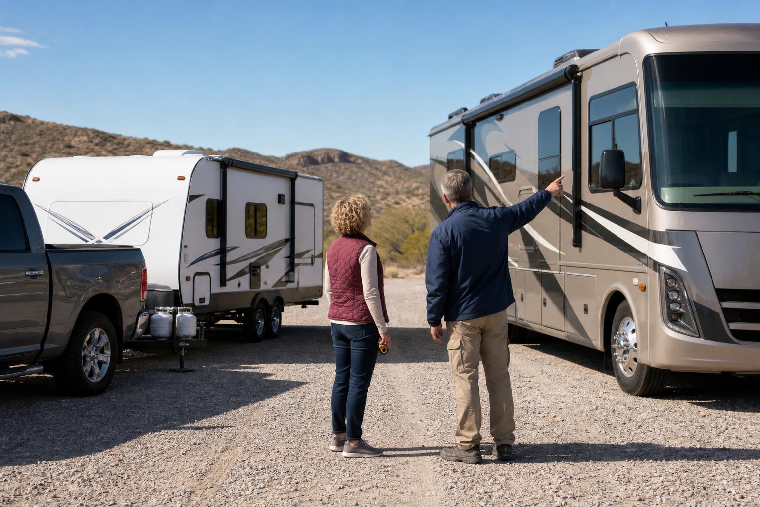 Travel trailer and Class A motorhome parked side by side, showing why RV door locks are not universal.