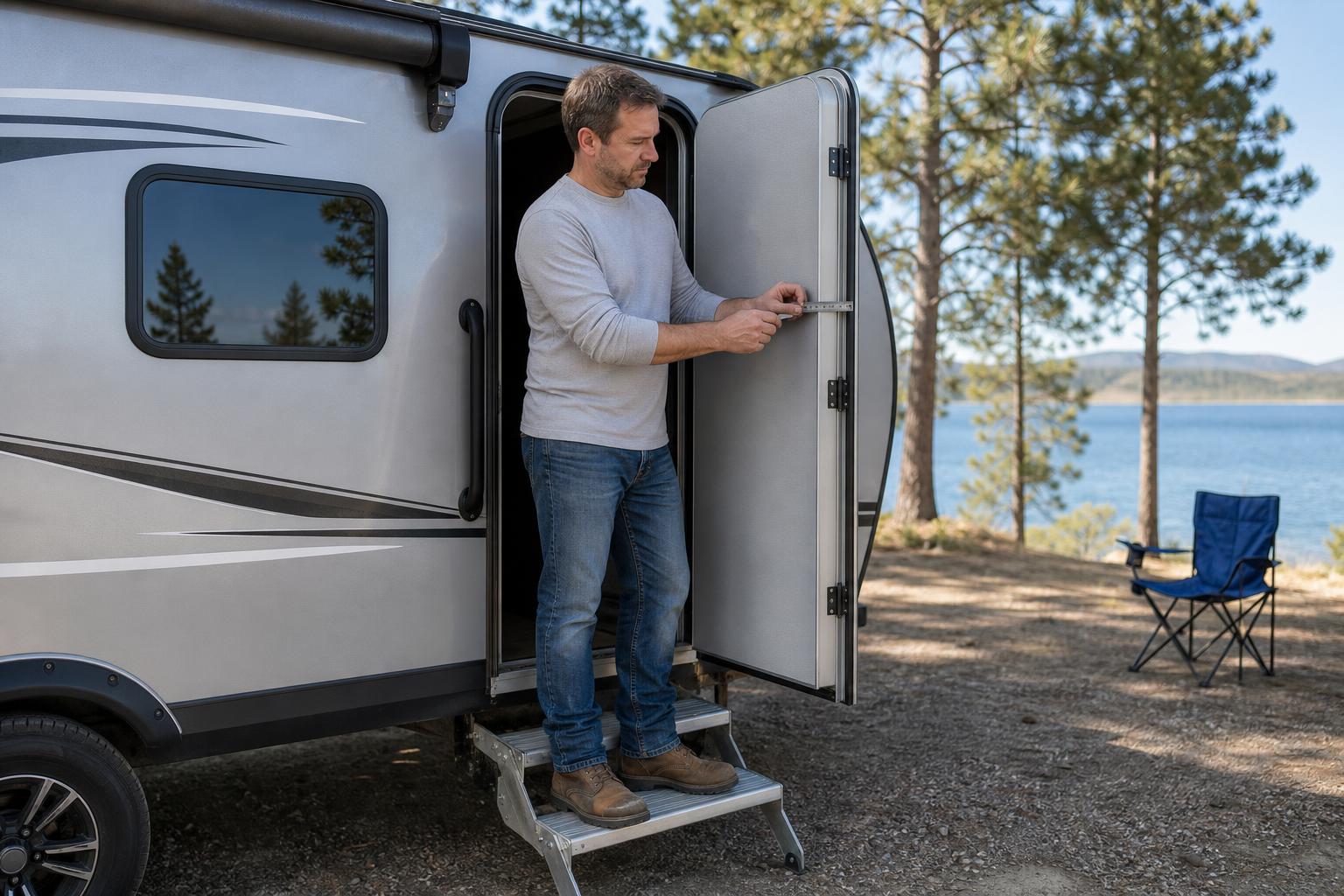 RV owner checking door thickness and right-hand hinge direction as part of a five-point lock fitment checklist.